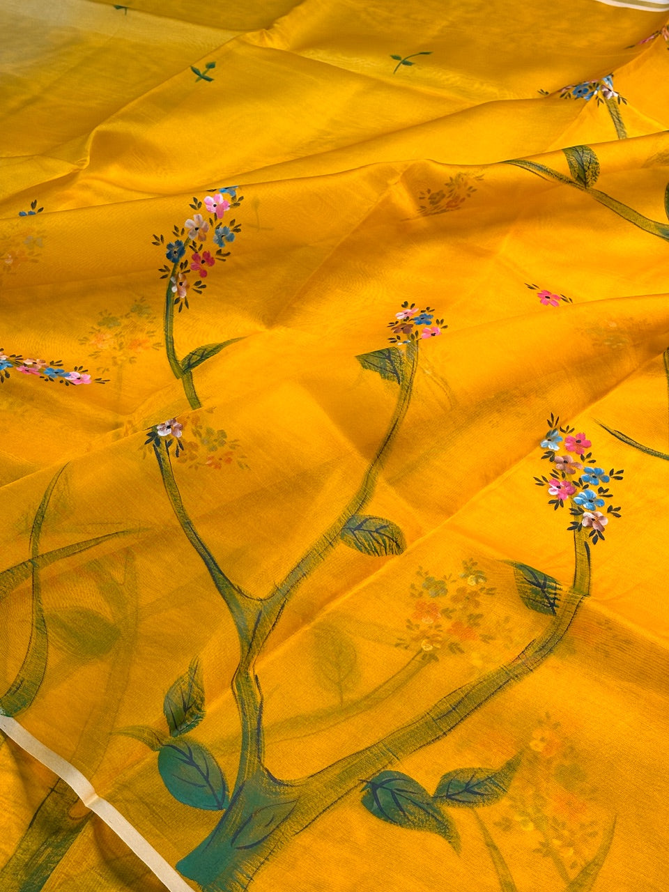 Marigold Yellow Pure Sheer Organza Handprinted Saree