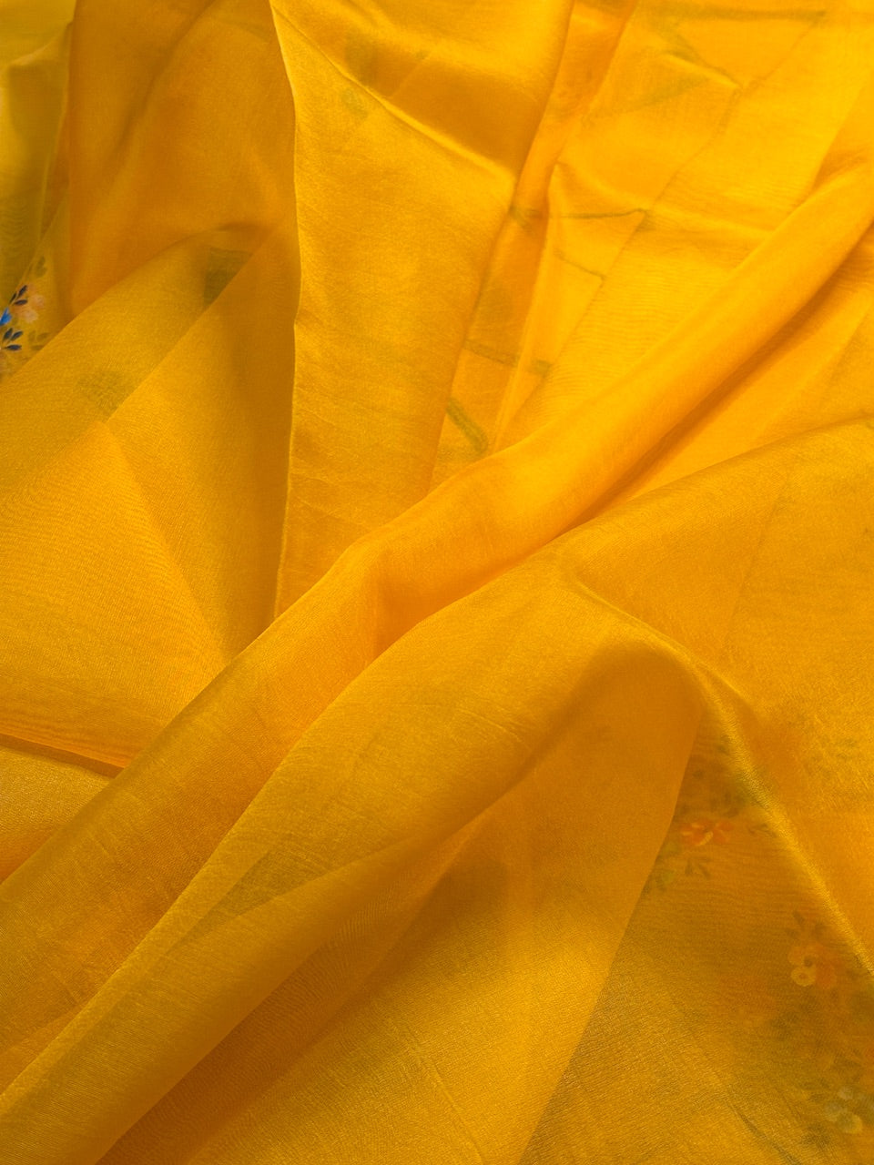 Marigold Yellow Pure Sheer Organza Handprinted Saree