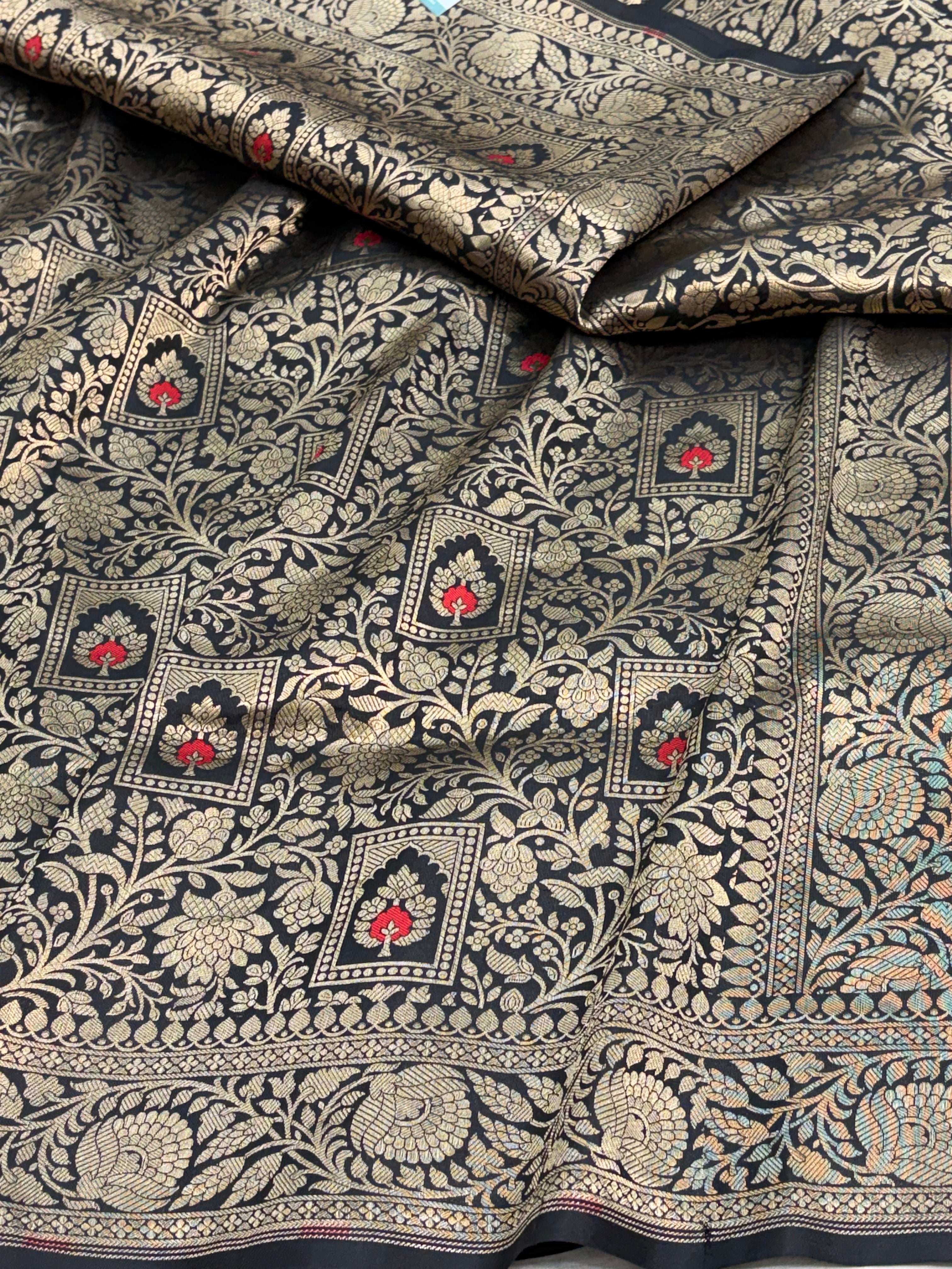 Black Banarasi Katan Silk Brocade Meenakari Saree with Rich Zari Border