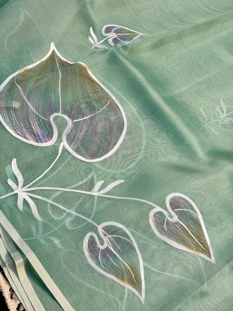 Mint Sage Green Pure Sheer Organza Handprinted Saree