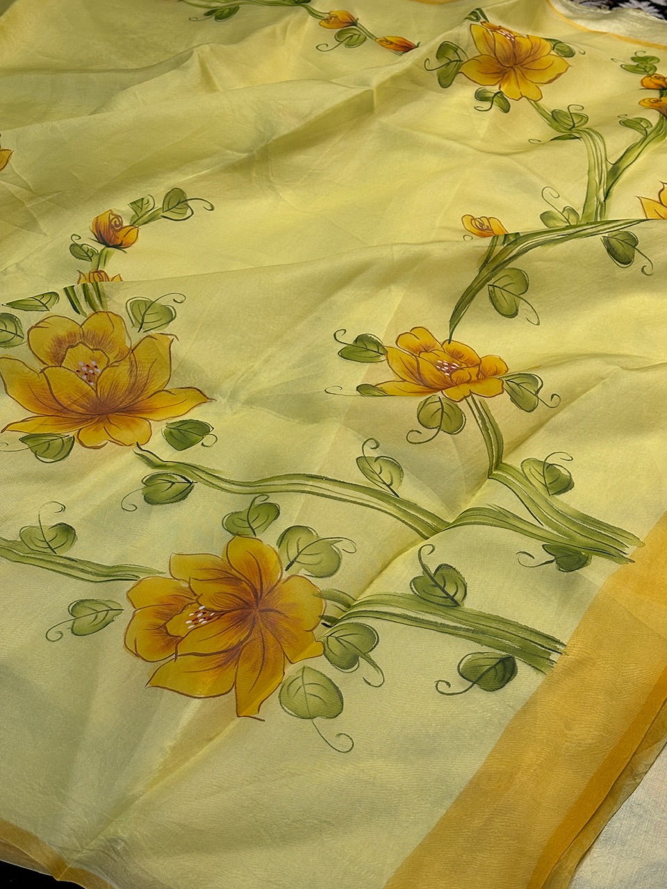 Pastel Lemon Yellow Pure Sheer Organza Handprinted Saree
