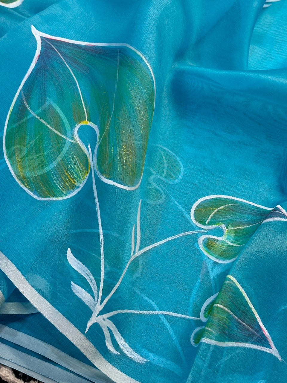 Ocean Blue Pure Sheer Organza Handprinted Saree