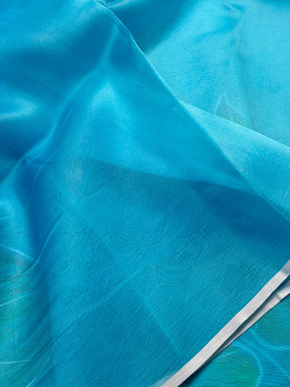 Ocean Blue Pure Sheer Organza Handprinted Saree