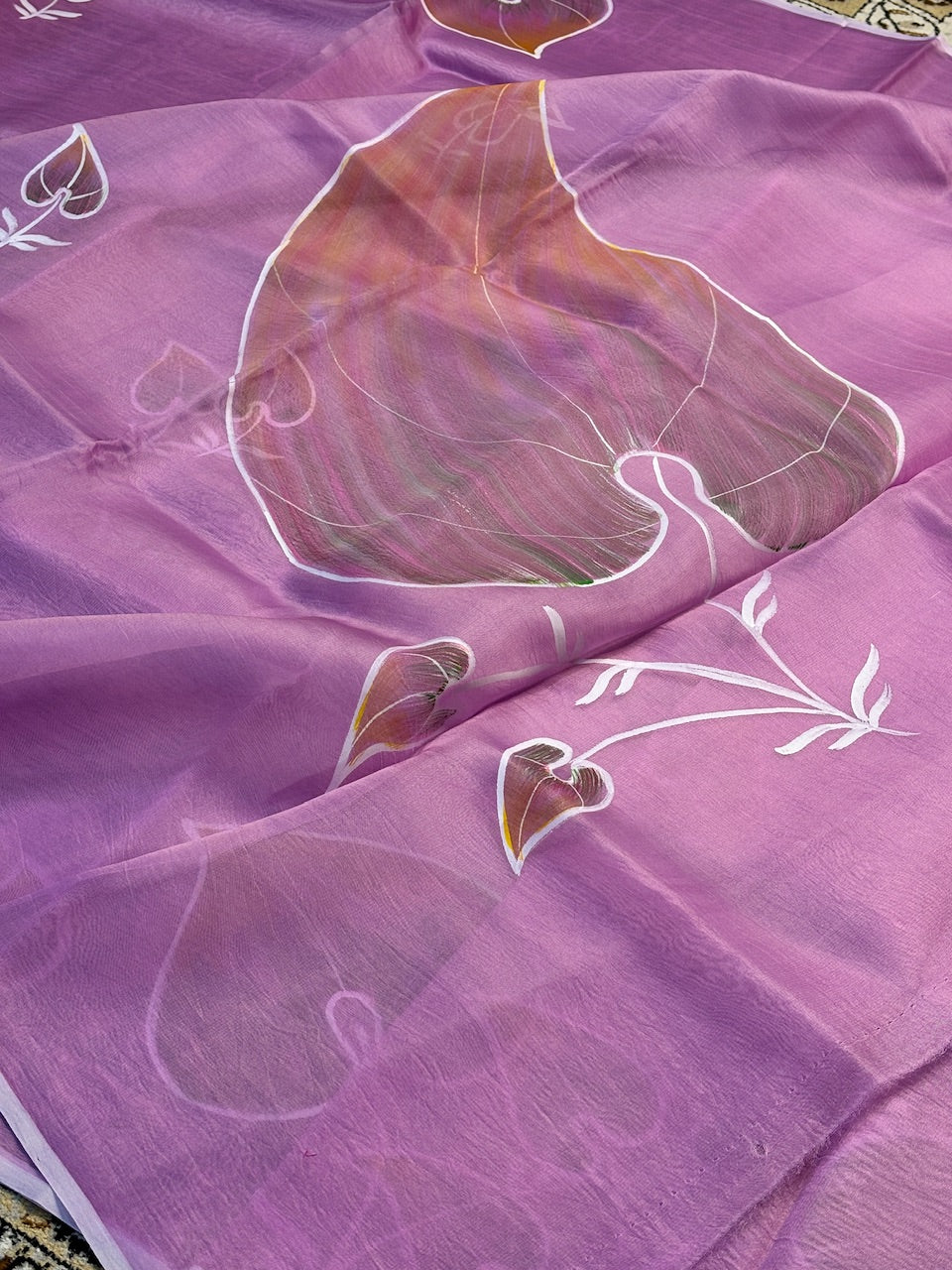 Pink Pure Sheer Organza Handprinted Saree