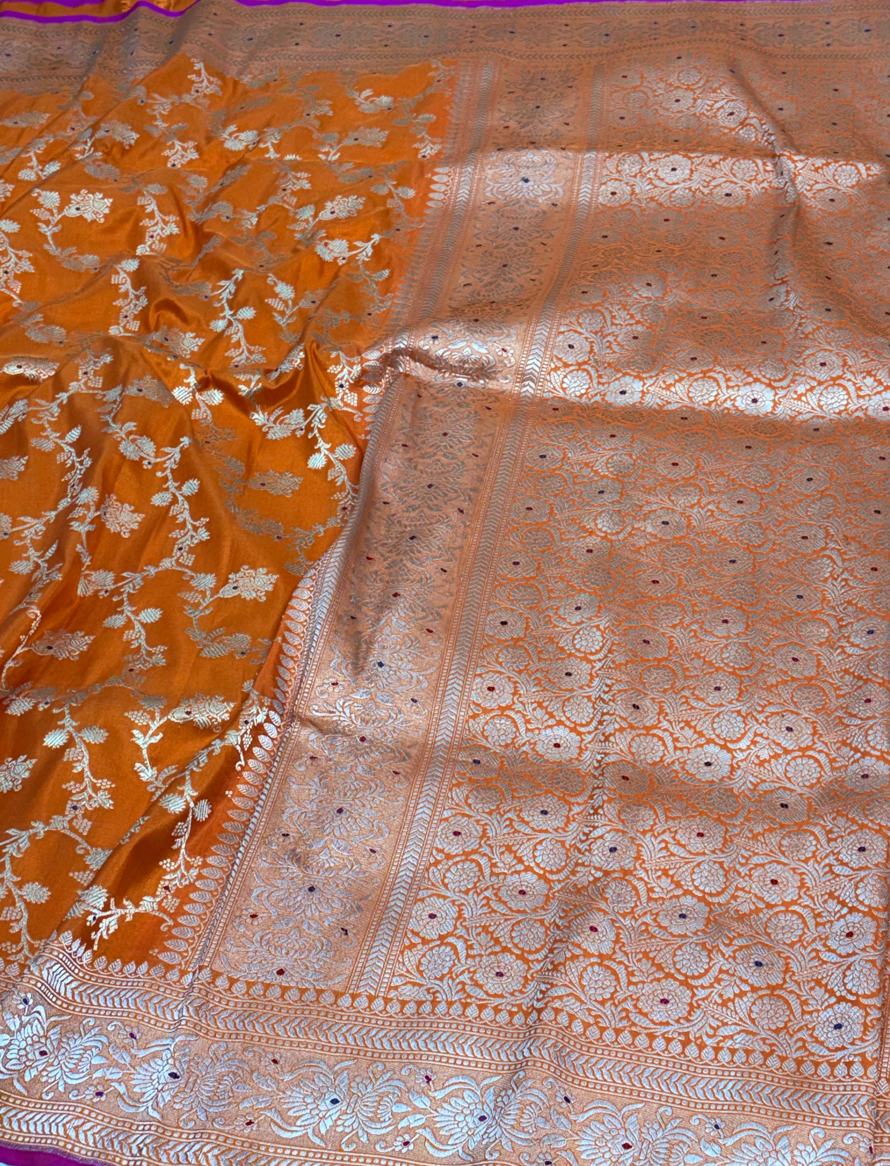 Orange Banarasi Katan Silk Meenakari Jaal Saree with Gold Zari Border