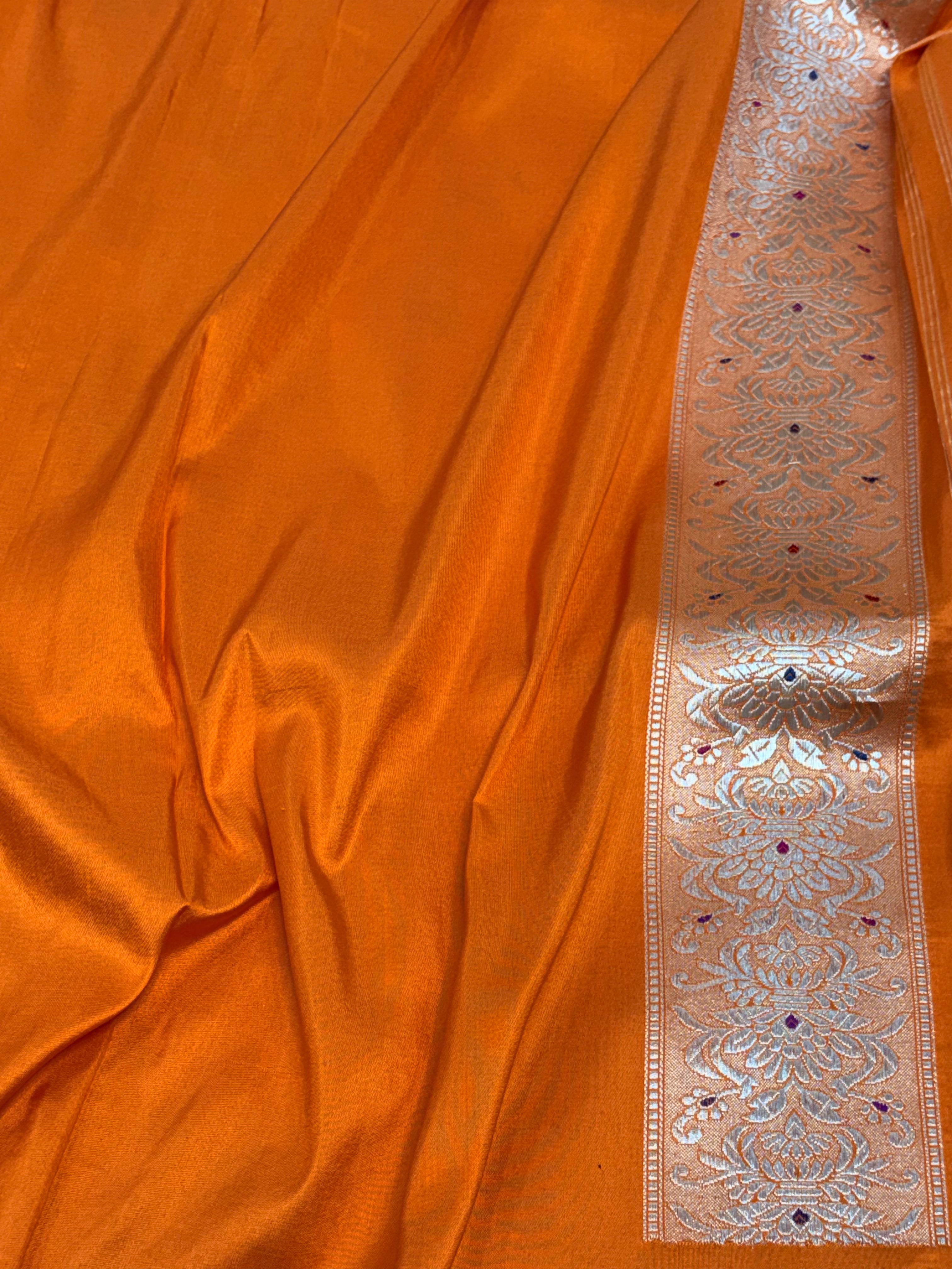 Orange Banarasi Katan Silk Meenakari Jaal Saree with Gold Zari Border