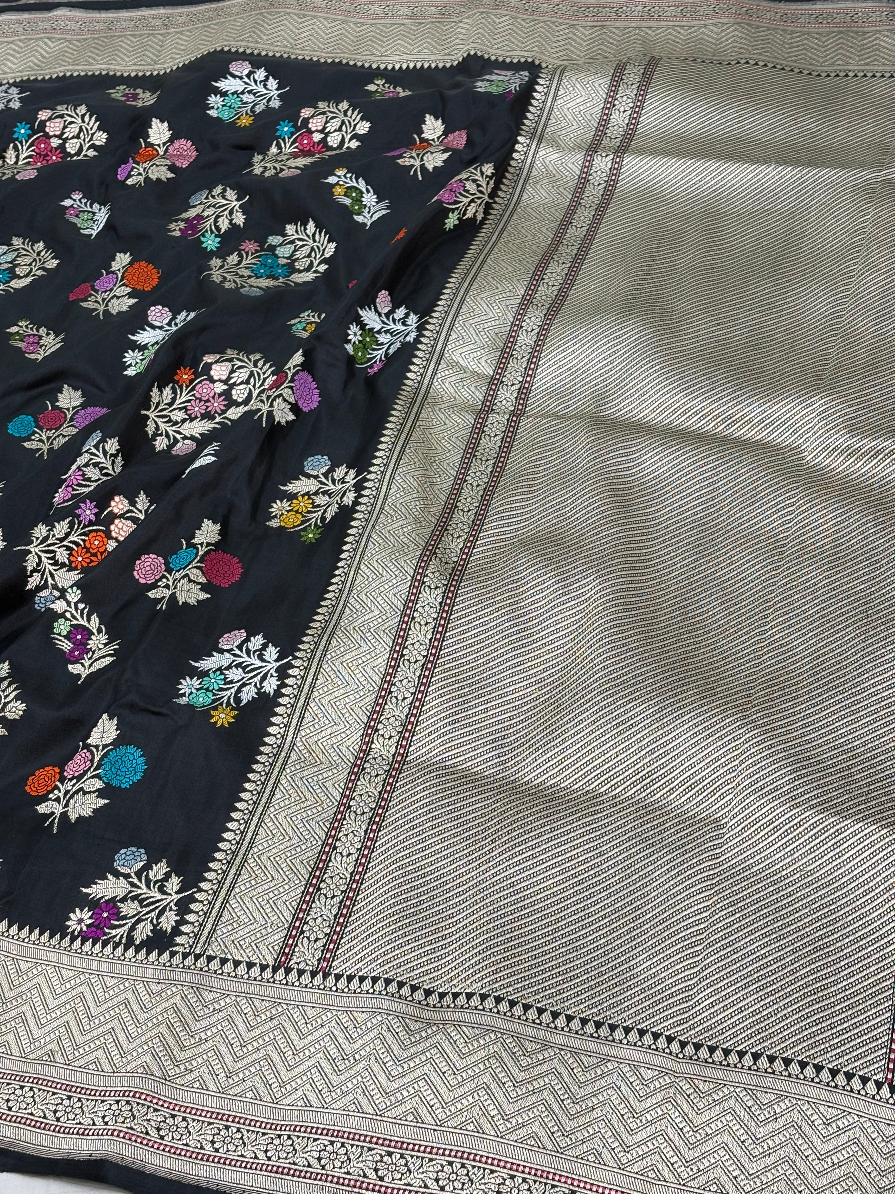 Black Banarasi Multicolor Meenakari Buta Jaal Pure Katan Silk Saree
