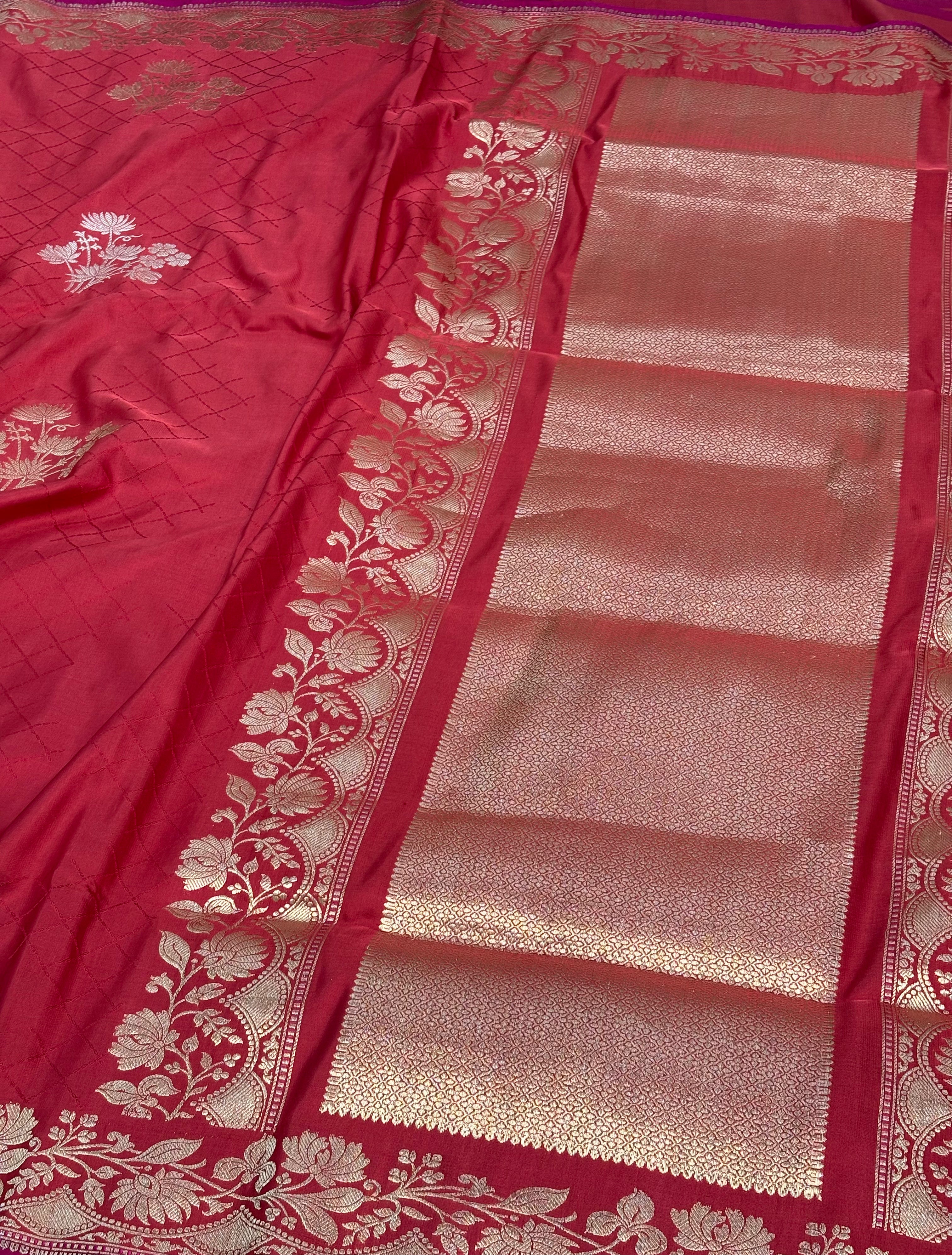 Red Banarasi Satin Silk Buta Saree with Gold Zari Border