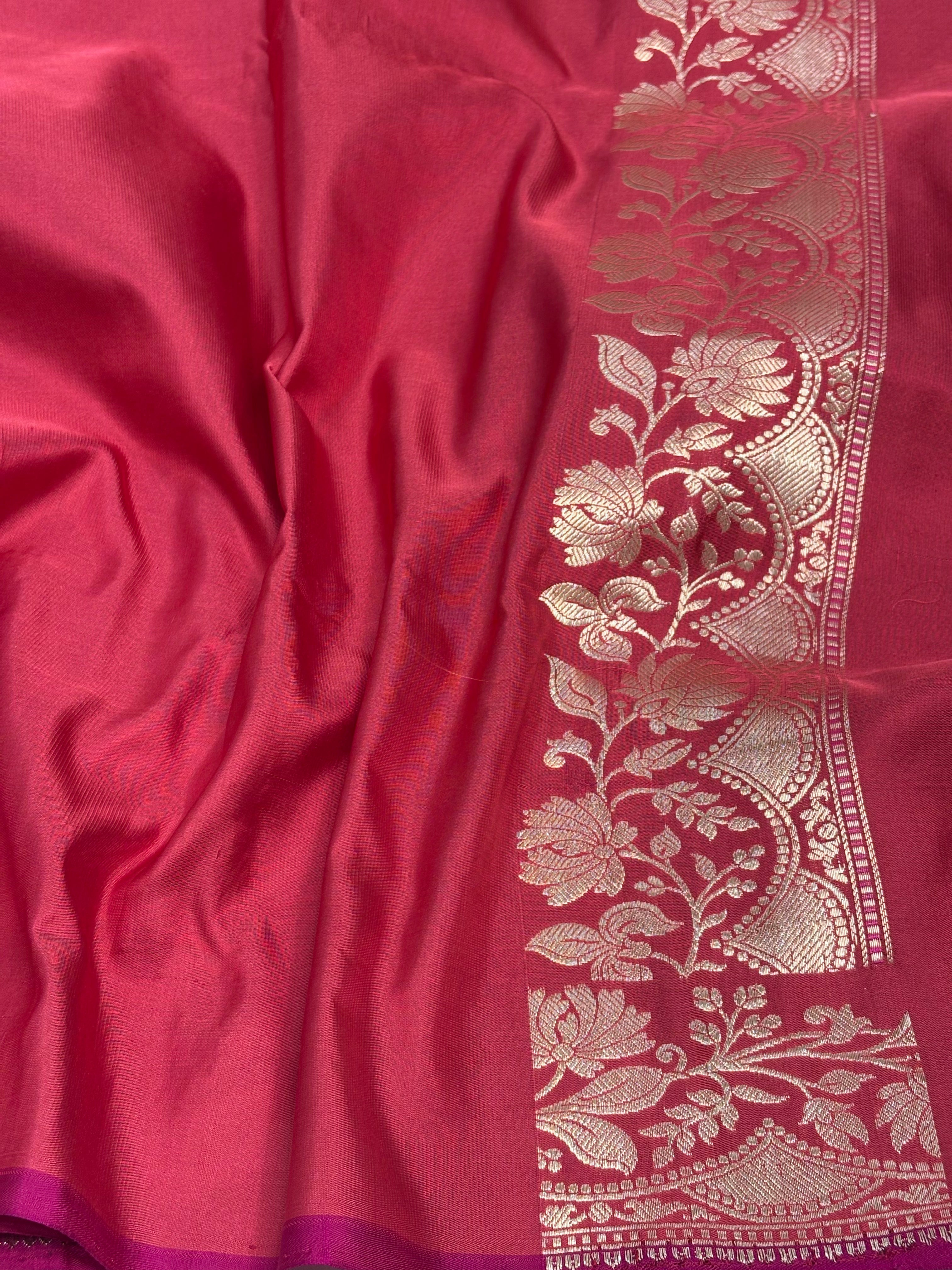Red Banarasi Satin Silk Buta Saree with Gold Zari Border