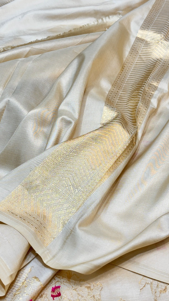 Ivory Banarasi Katan Brocade Silk Saree