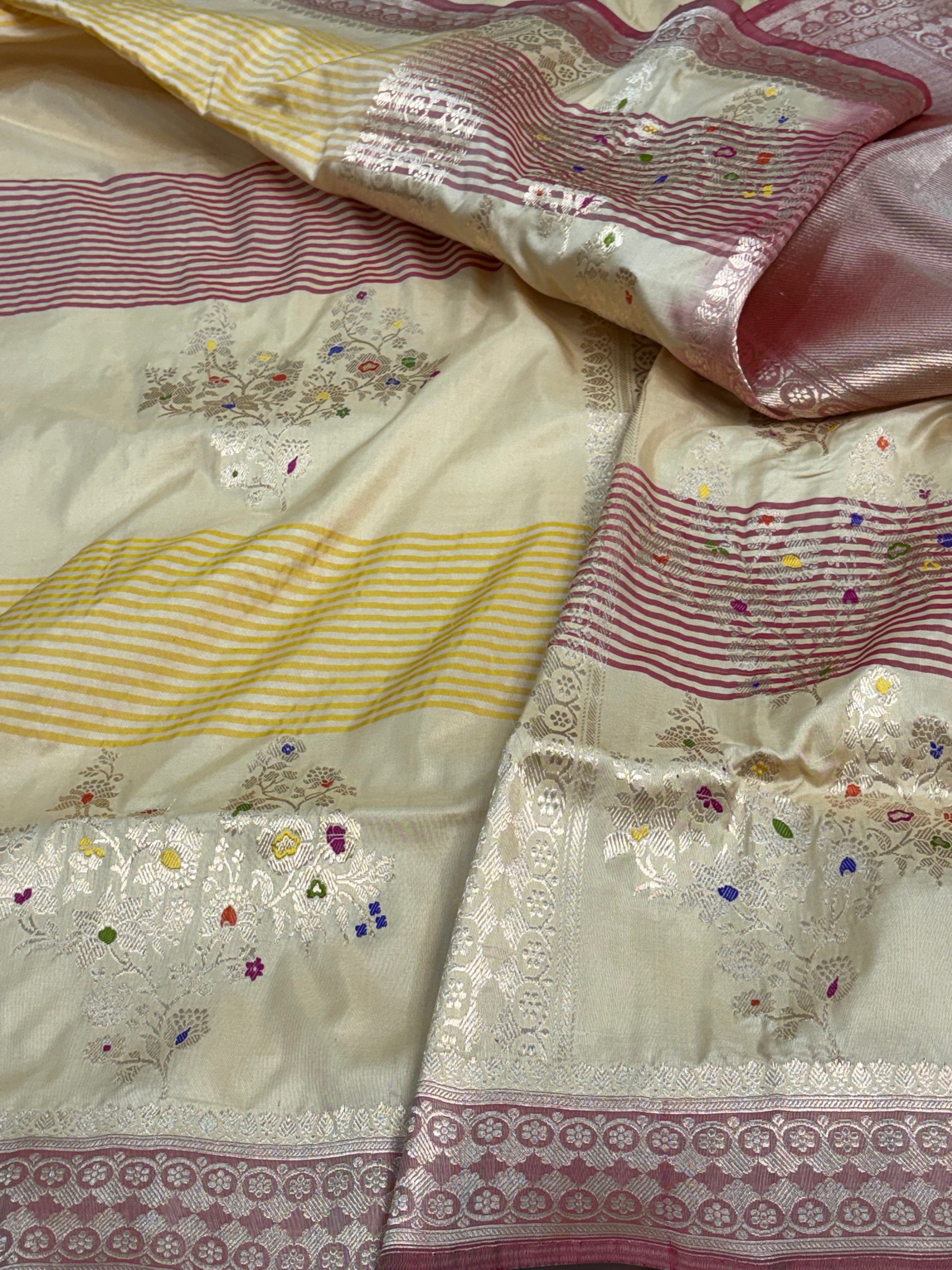 Modern Banarasi Cream Tissue Silk Saree with Red Banarasi Border