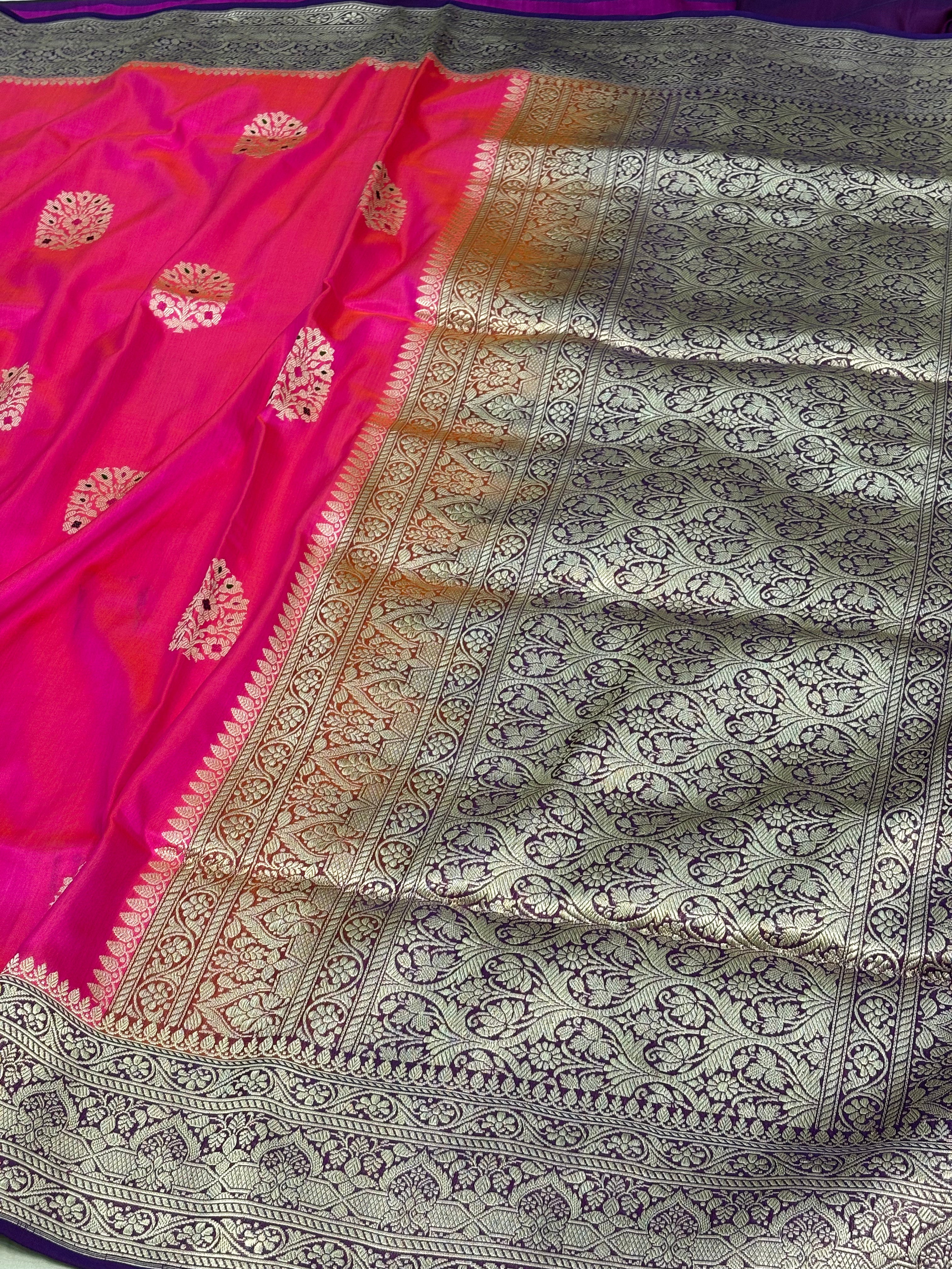 Pink Ektara Pure Katan Silk Banarasi Saree with Purple Katan Silk Border
