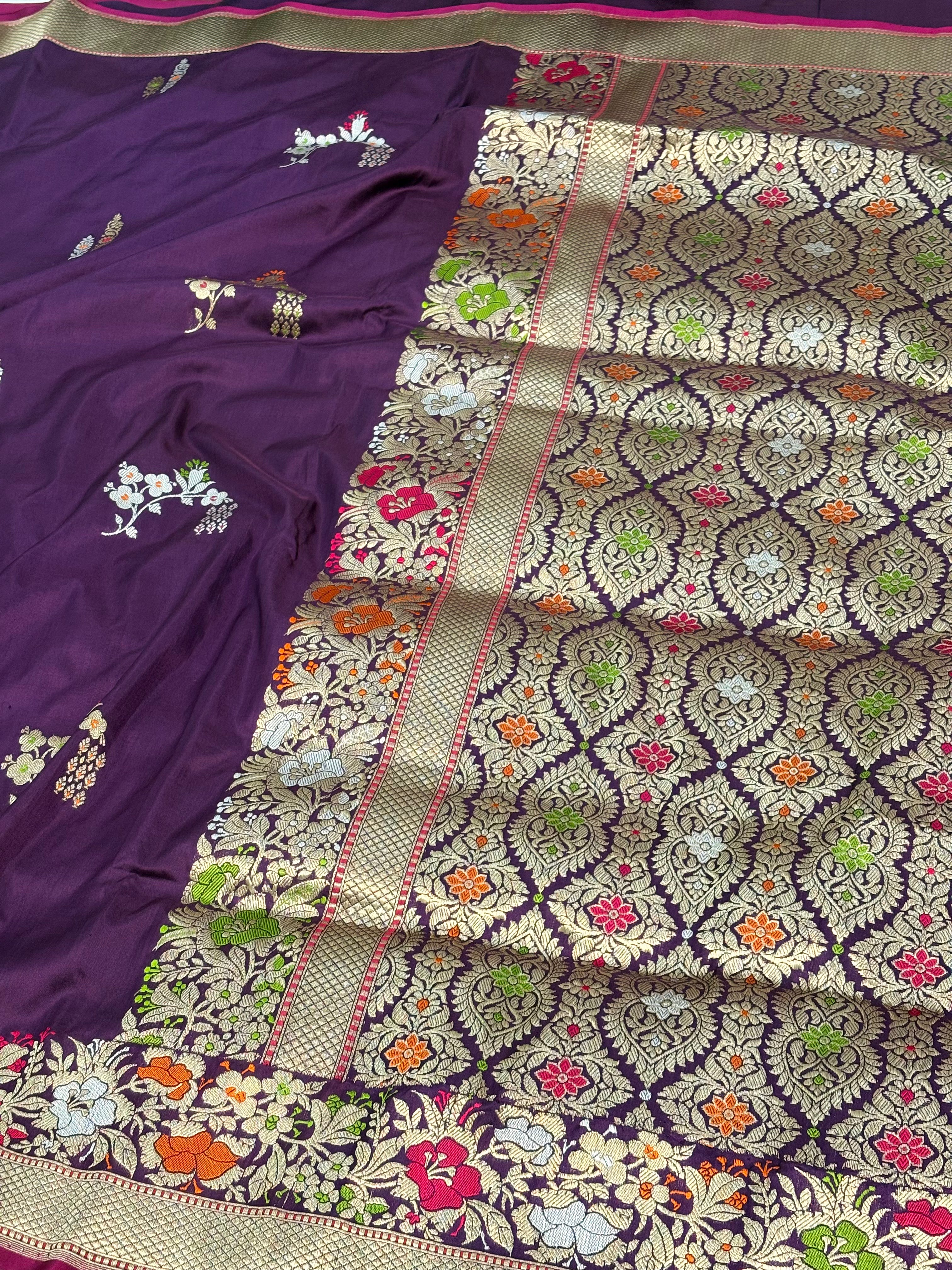 Purple Banarasi Handwoven Pure Katan Silk Saree with Rich Meenakari Border and Pallu