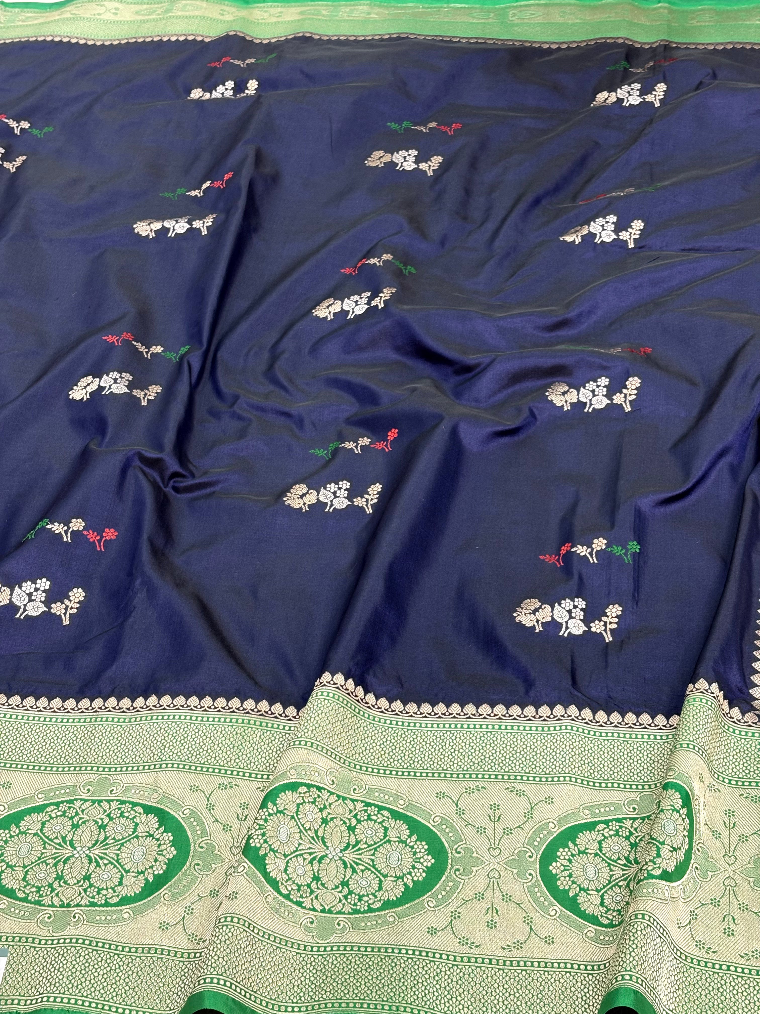 Navy Blue Kadhiyal Banarasi Katan Silk Saree with Parrot Green Katan Silk Border