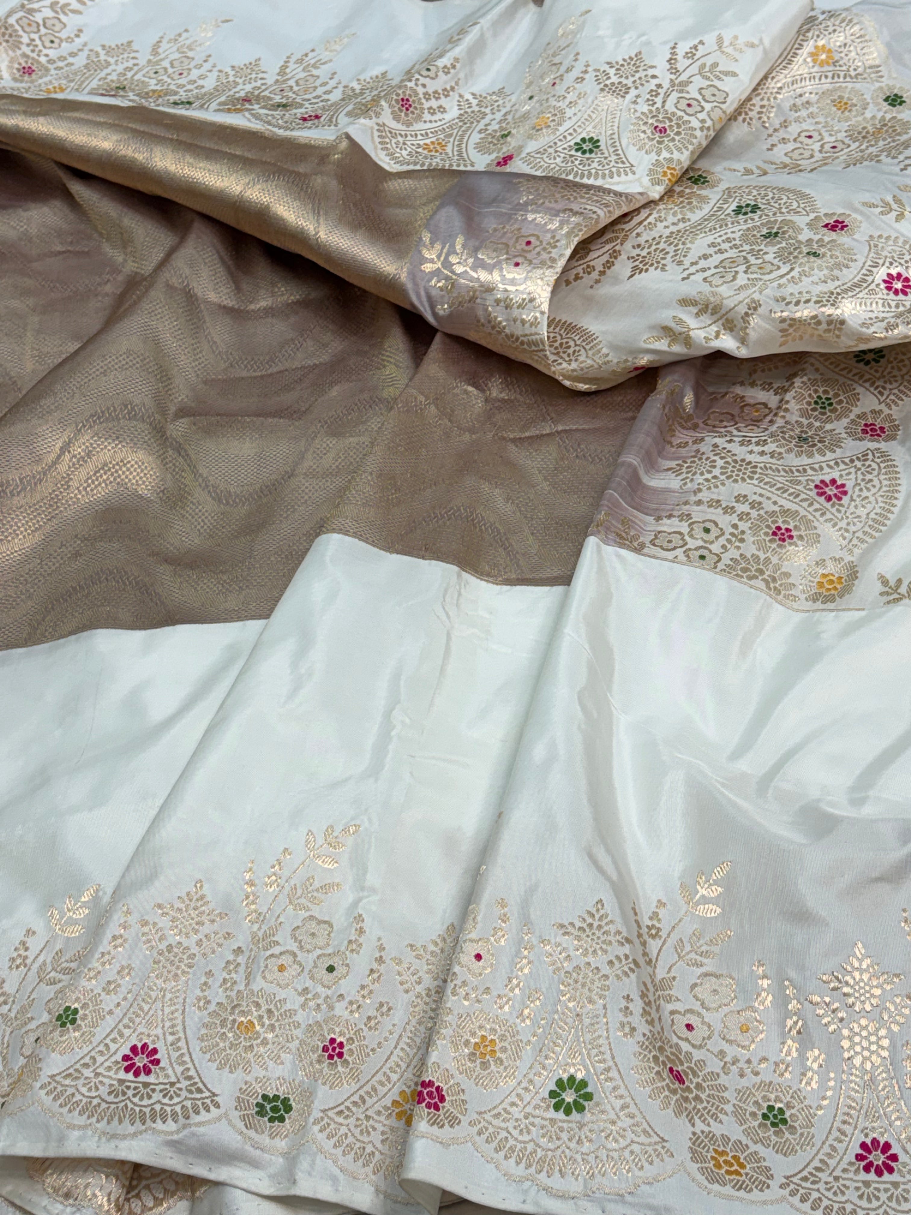 Ivory Modern Handloom Banarasi Brocade Saree with Kadhiyal Meenakari Floral Border