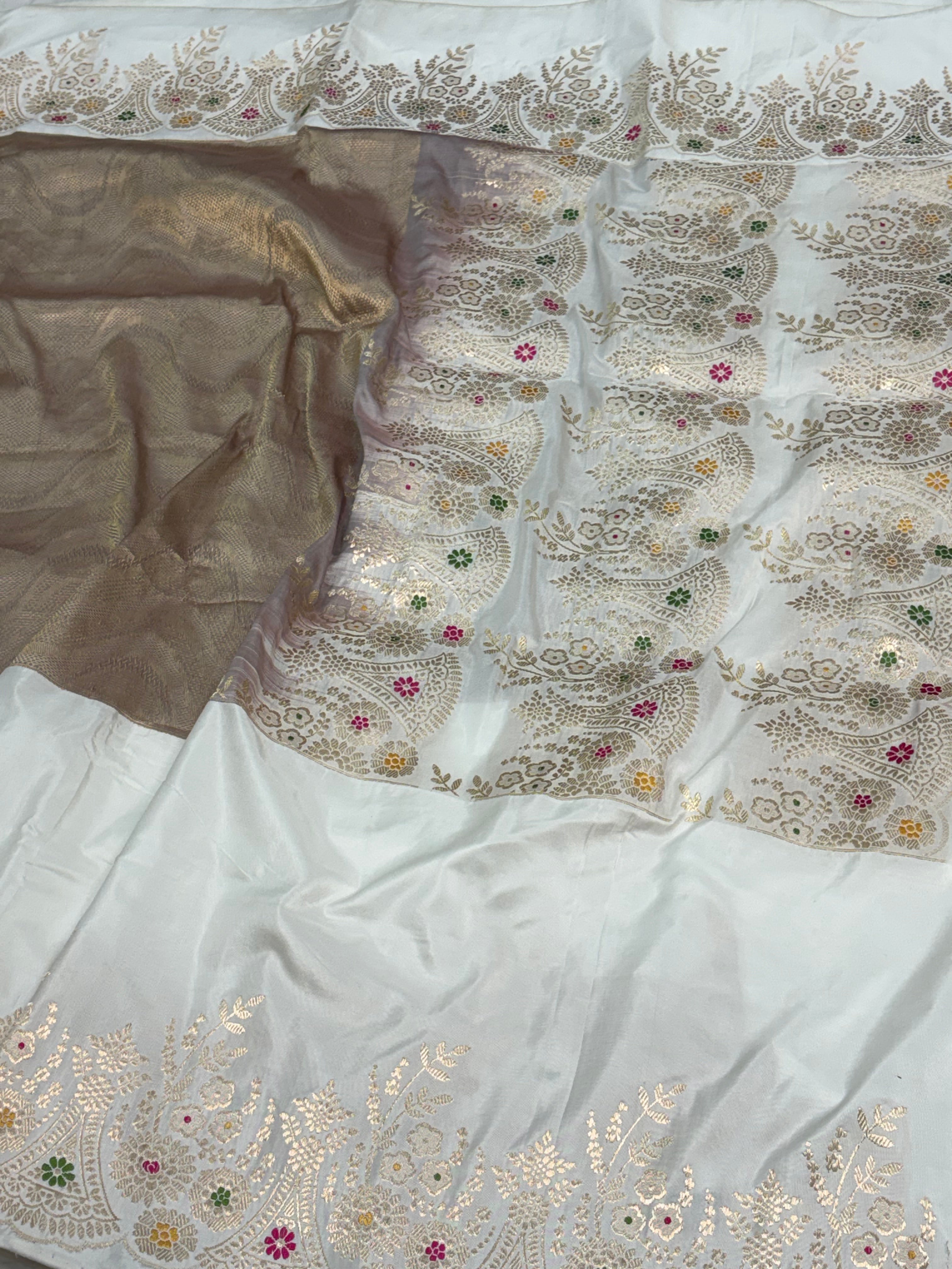 Ivory Modern Handloom Banarasi Brocade Saree with Kadhiyal Meenakari Floral Border