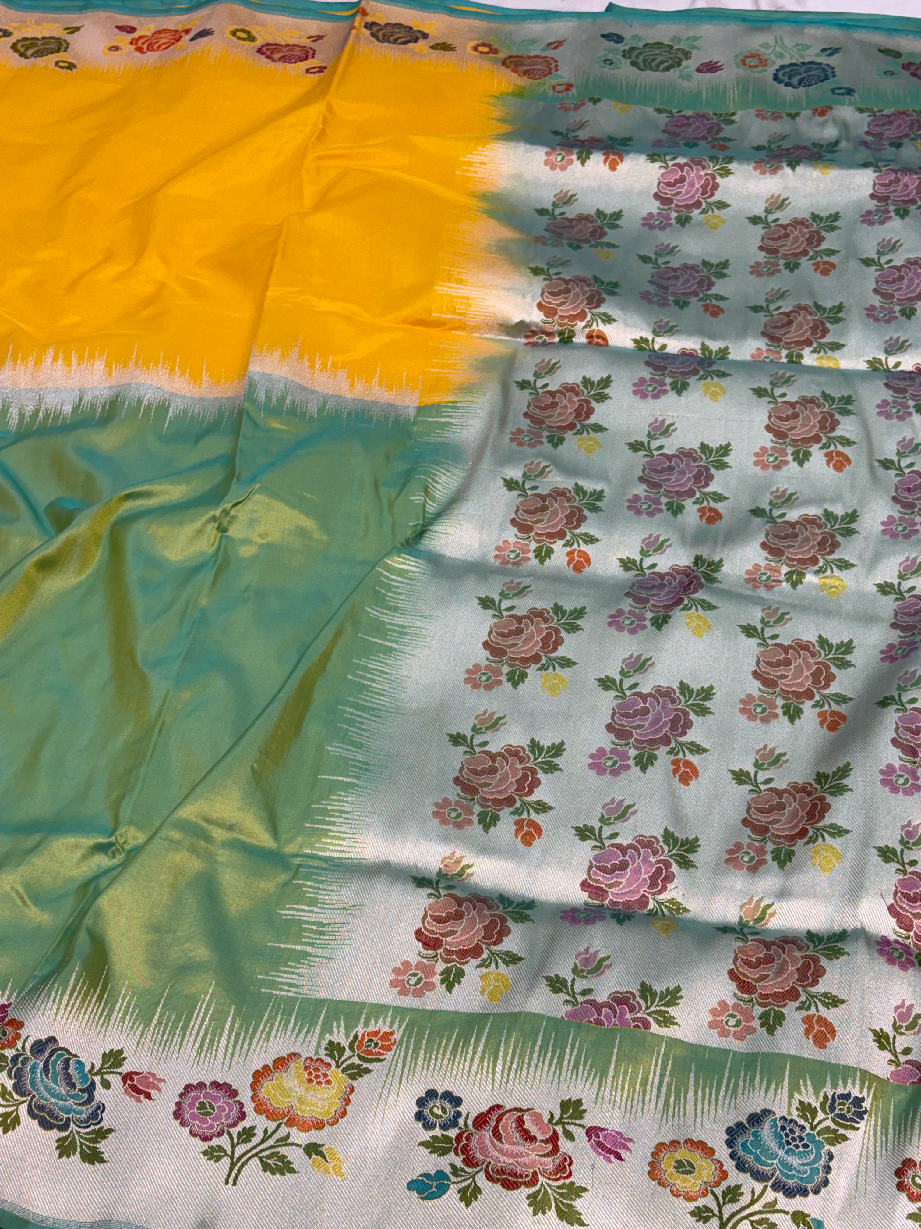 Handwoven Dual Colour Banarasi Saree with Meenakari Gulab Buta Border