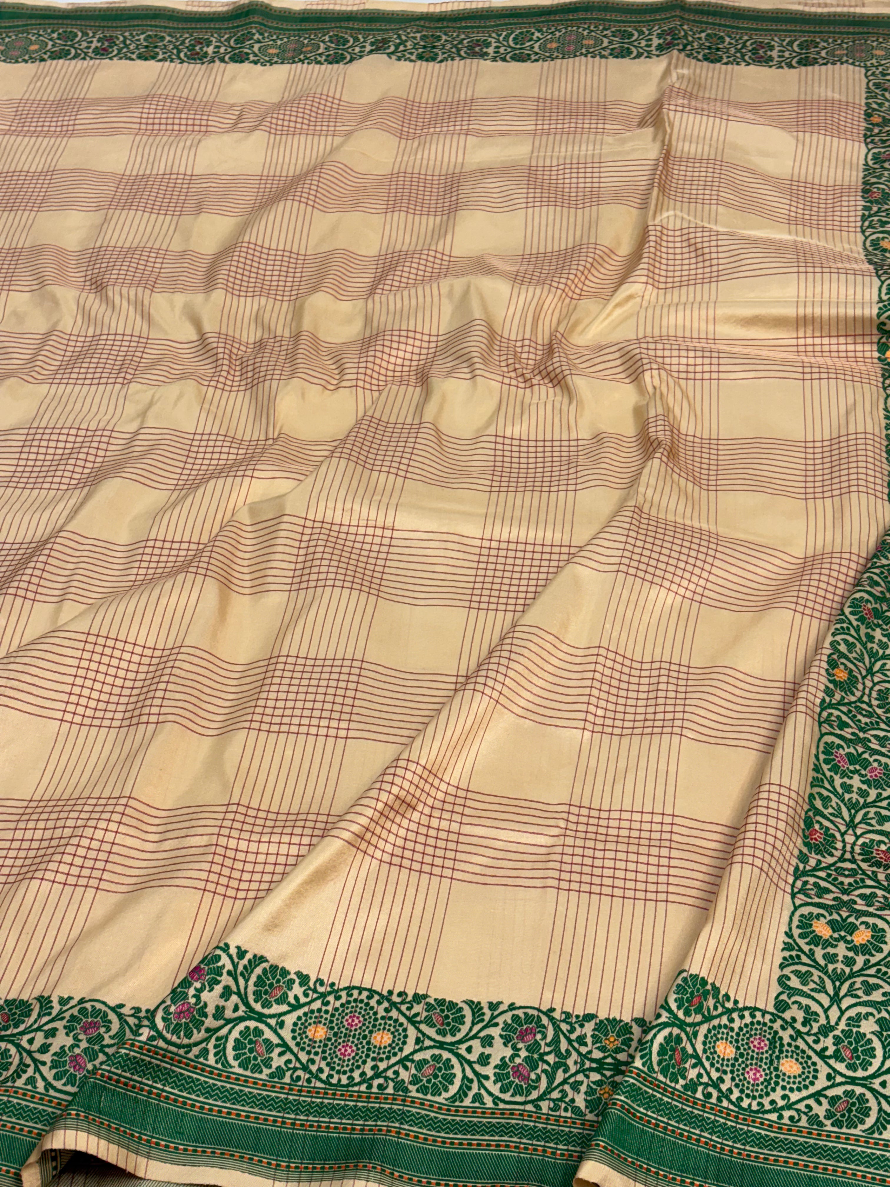 Ivory Handwoven Modern Checks Banarasi Katan Silk Saree with Resham Zari Katan Border