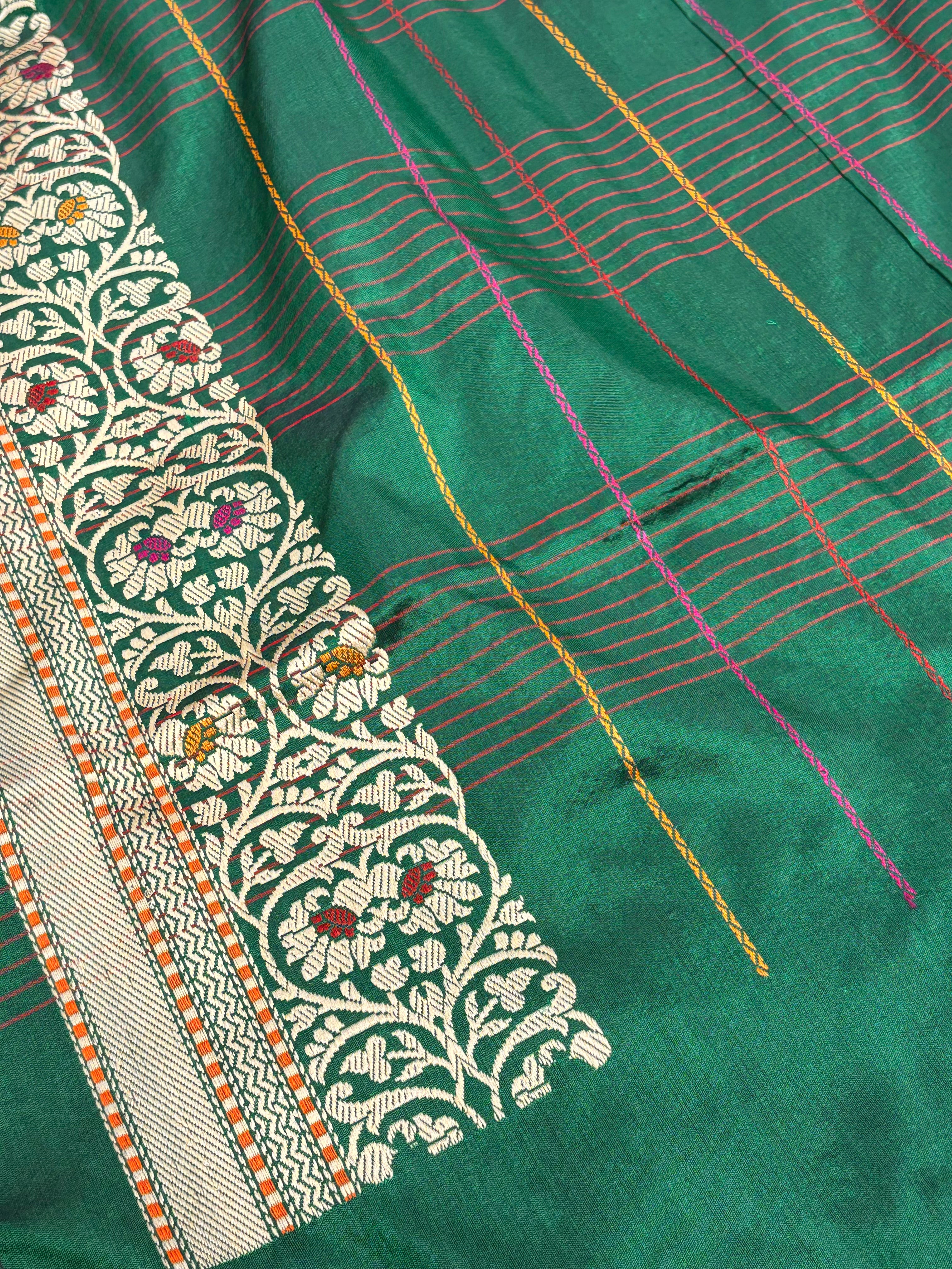 Ivory Handwoven Modern Checks Banarasi Katan Silk Saree with Resham Zari Katan Border