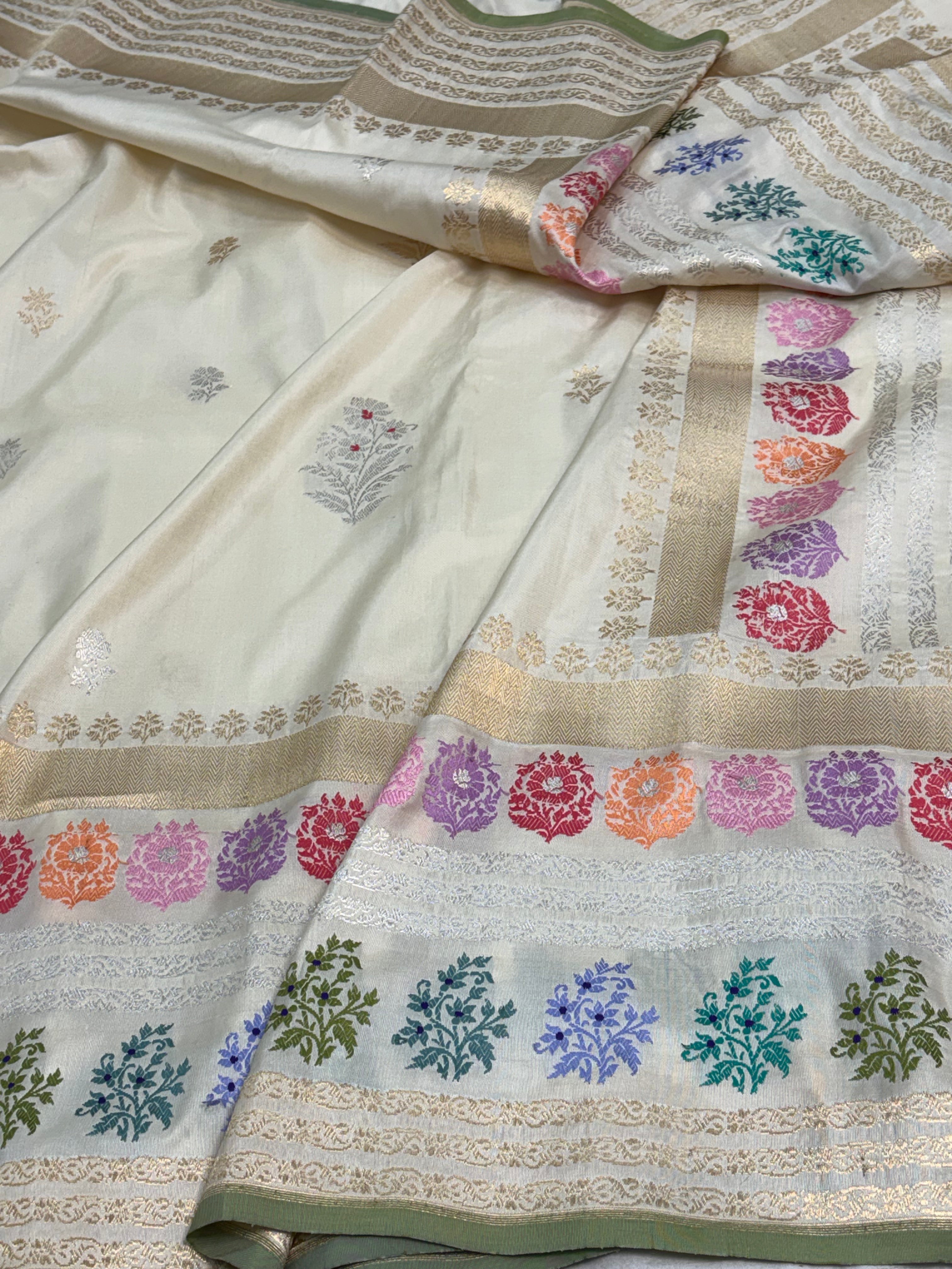 Handwoven Ivory Banarasi Katan Silk Saree with Multicolour Tilfi Meenakari Border and Pallu