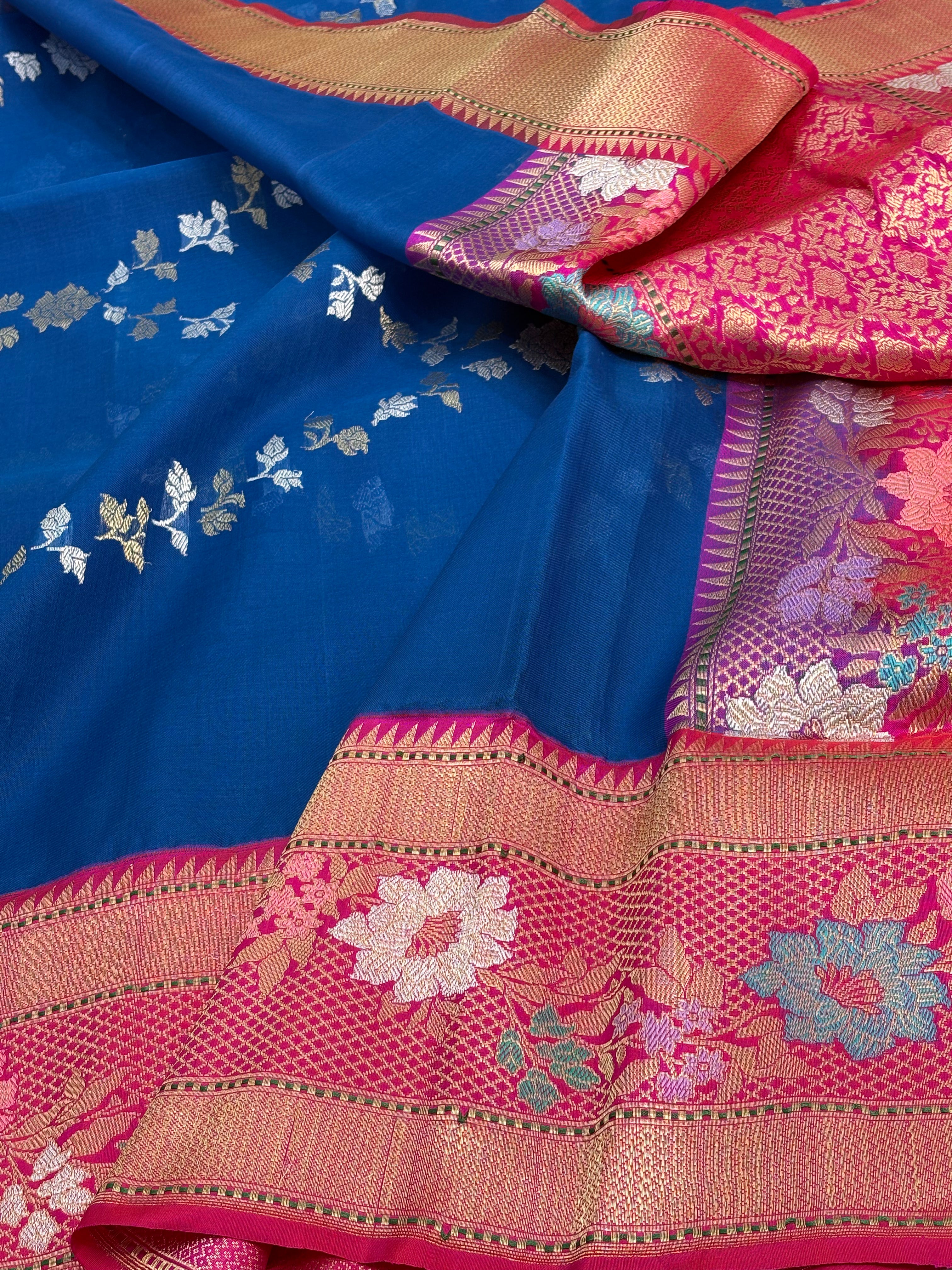 Royal Blue Handwoven Banarasi Rupa Sona Saree with Pink Kadhiyal Meenakari Border