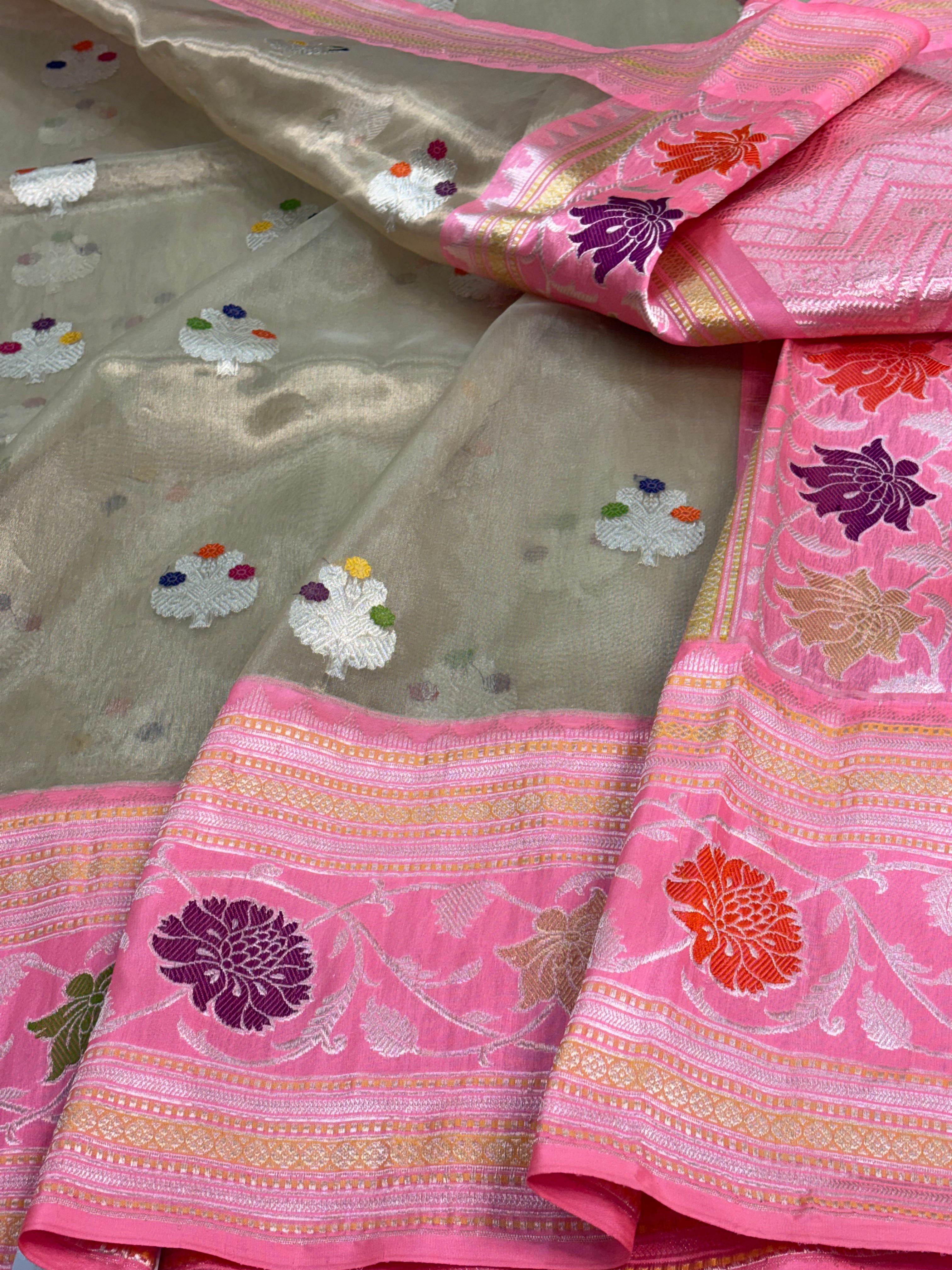 Handwoven Tissue Banarasi Saree with Baby Pink Kadhiyal Katan Silk Border