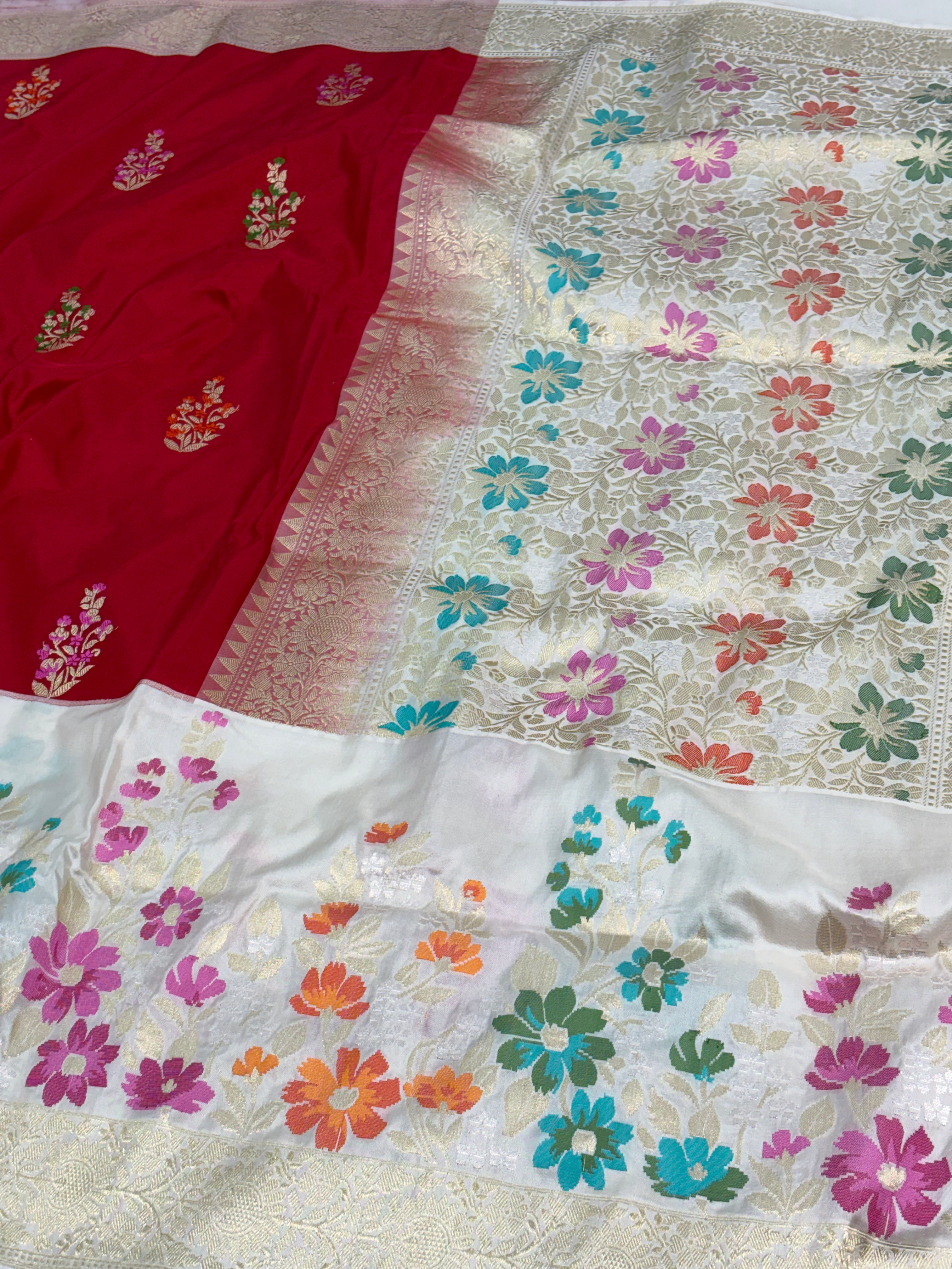 Red Kadhiyal Banarasi Katan Silk Saree with White Jamdani-Inspired Border