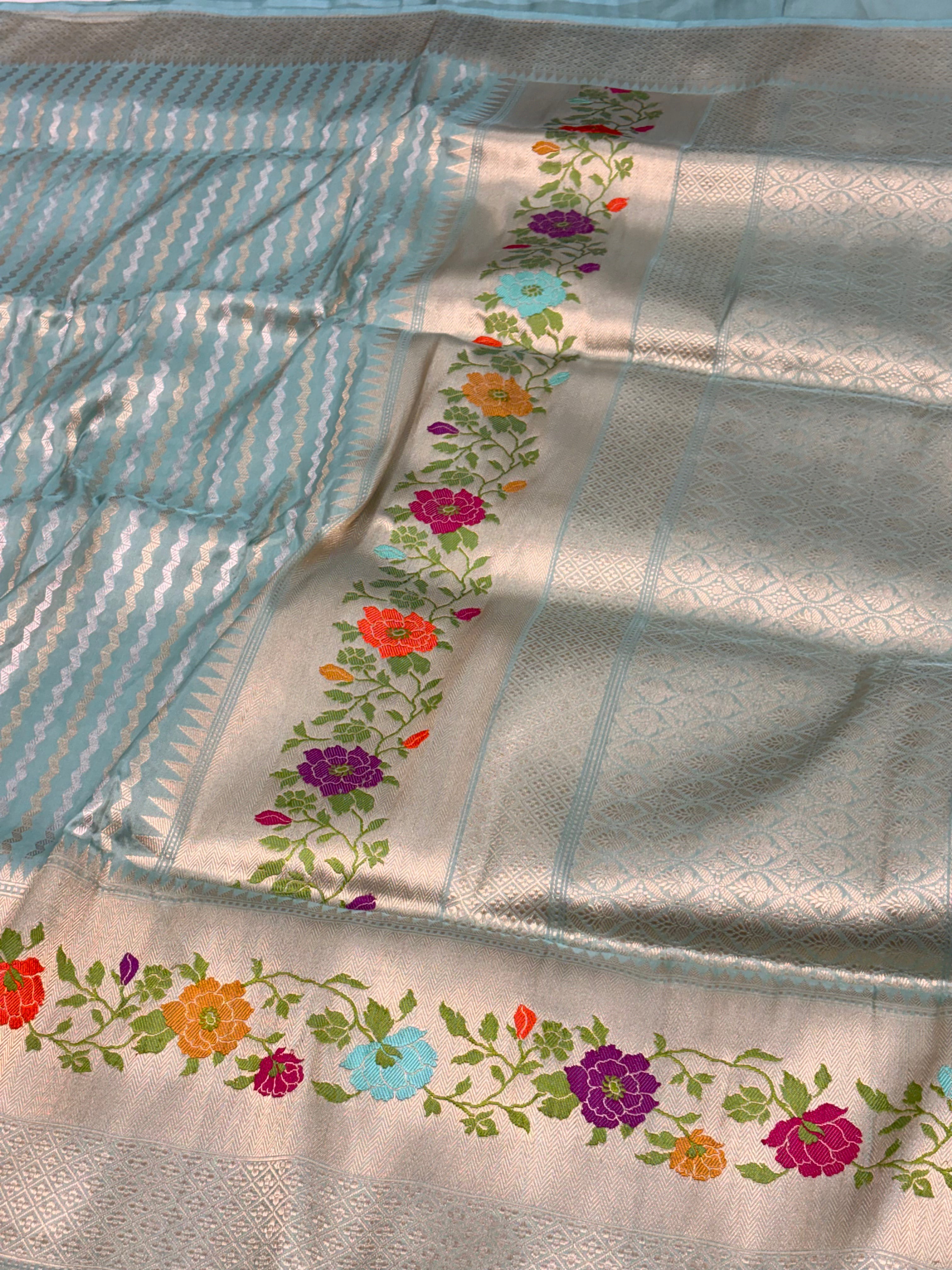 Teal Blue Banarasi Rupa Sona Stripe Katan Silk Saree