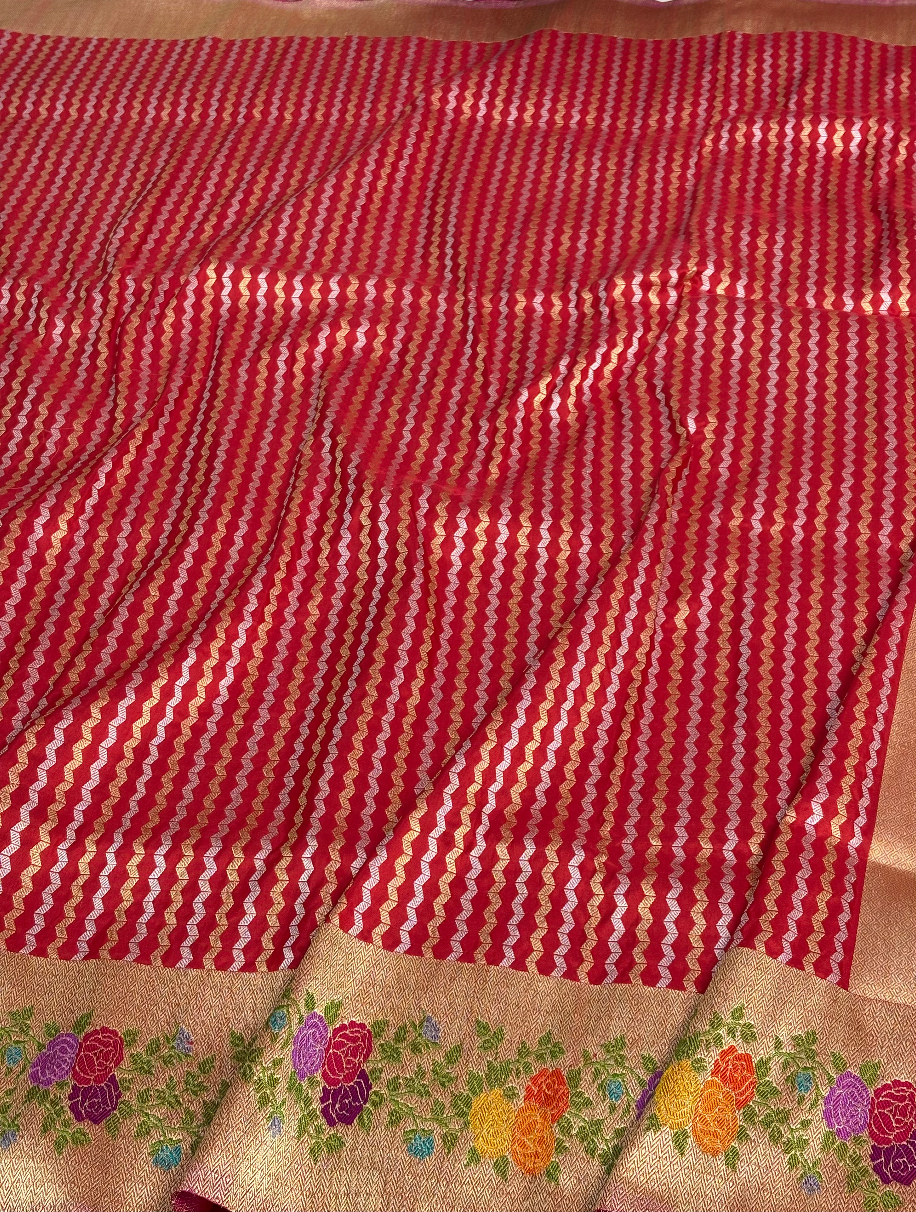 Handloom Red Banarasi Rupa Sona Stripe Saree with Meenakari Floral Border