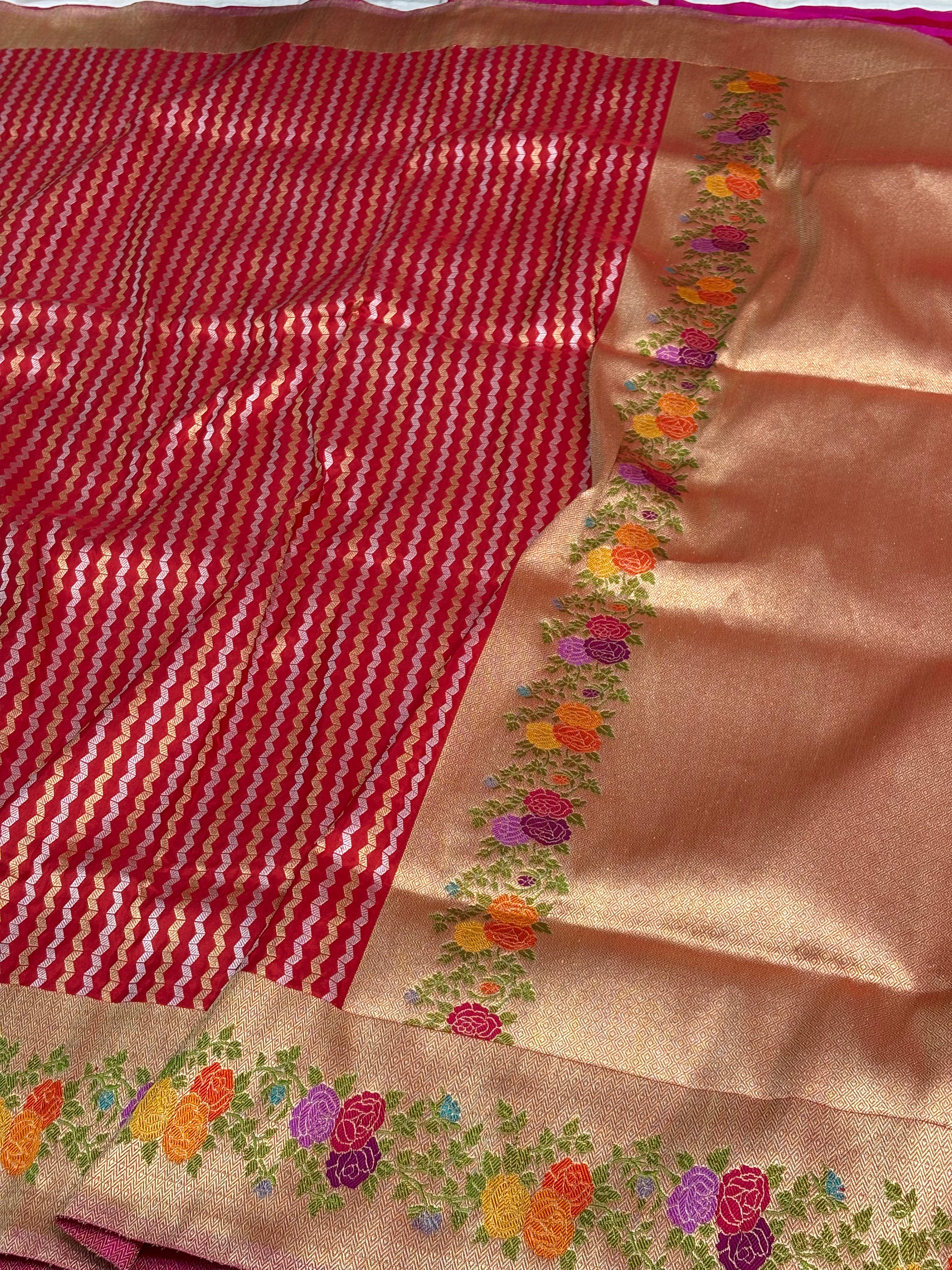 Handloom Red Banarasi Rupa Sona Stripe Saree with Meenakari Floral Border