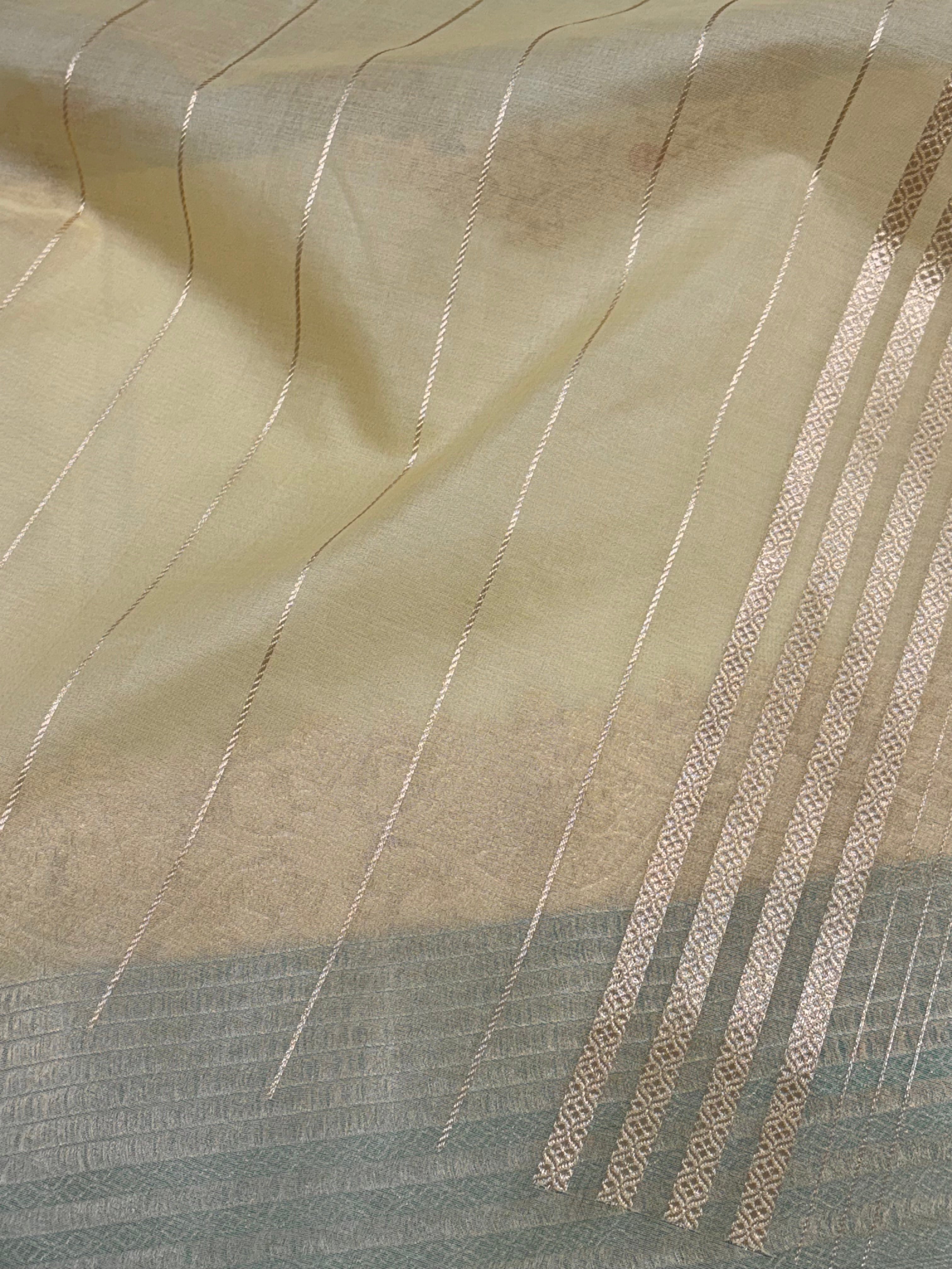 Light Green Modern Banarasi Kora Necklace Jaal Saree