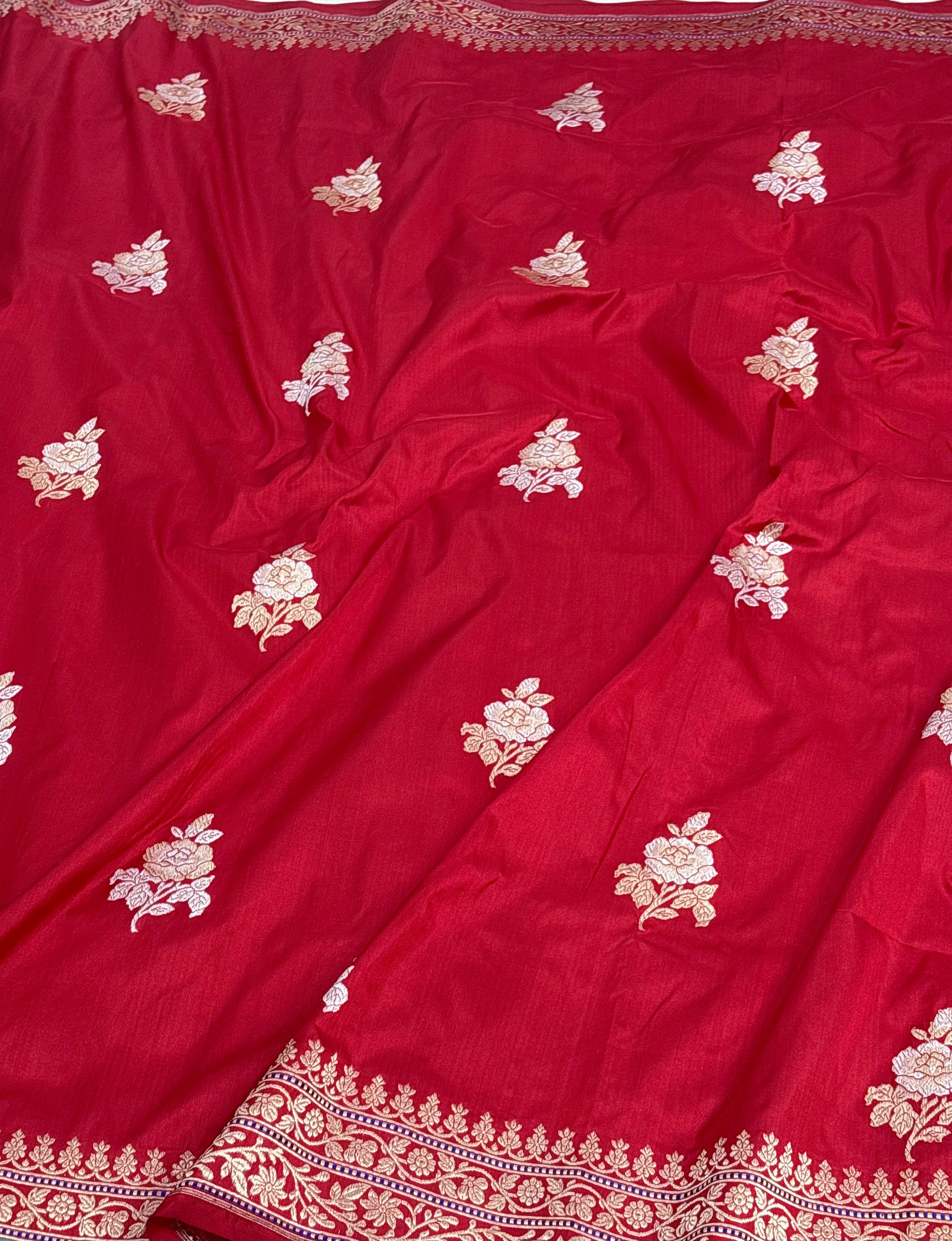 Red Gulab Buti Ektara Banarasi Saree