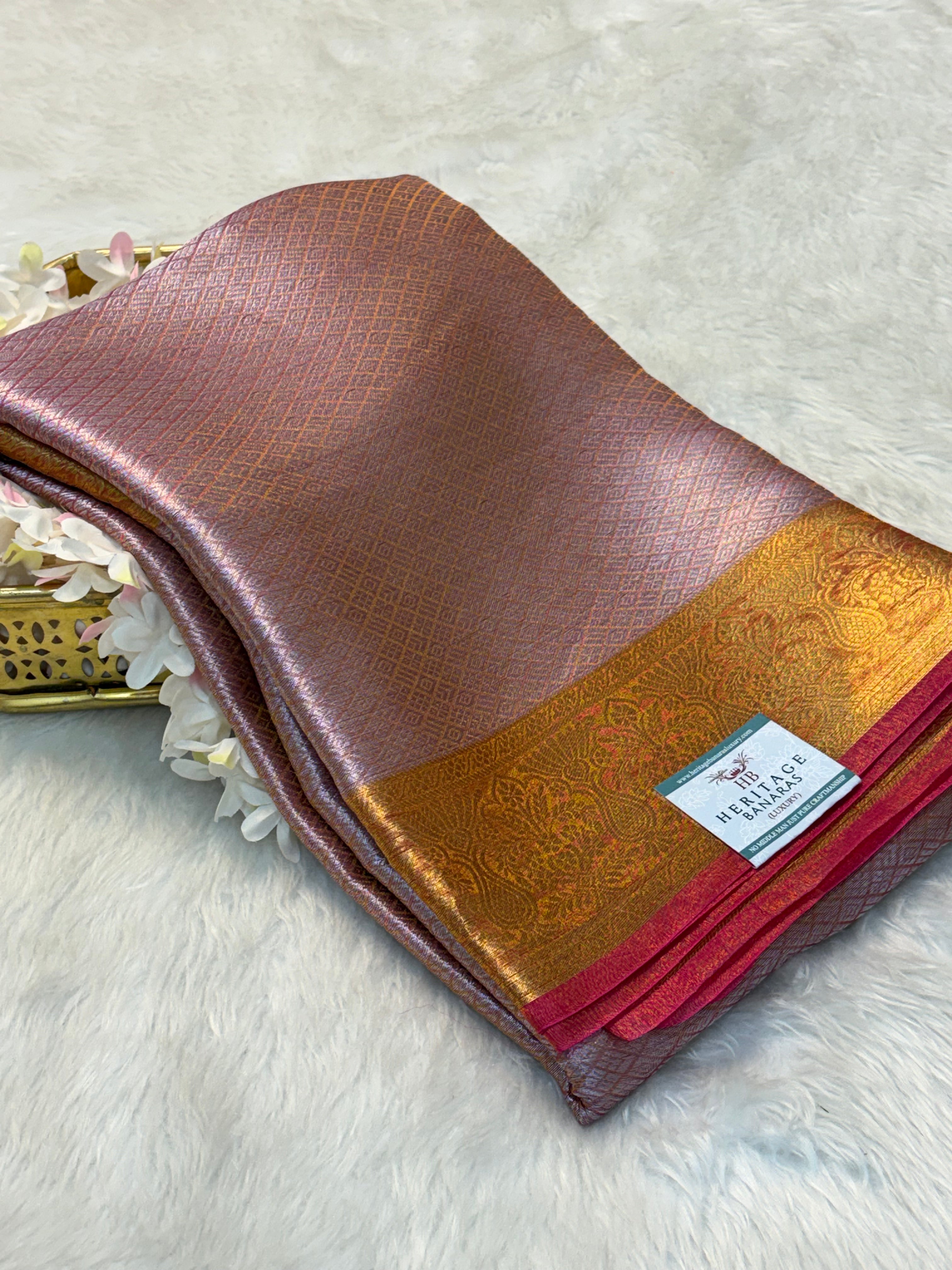 Pinkish Orange Handloom Tissue Banarasi Brocade Saree