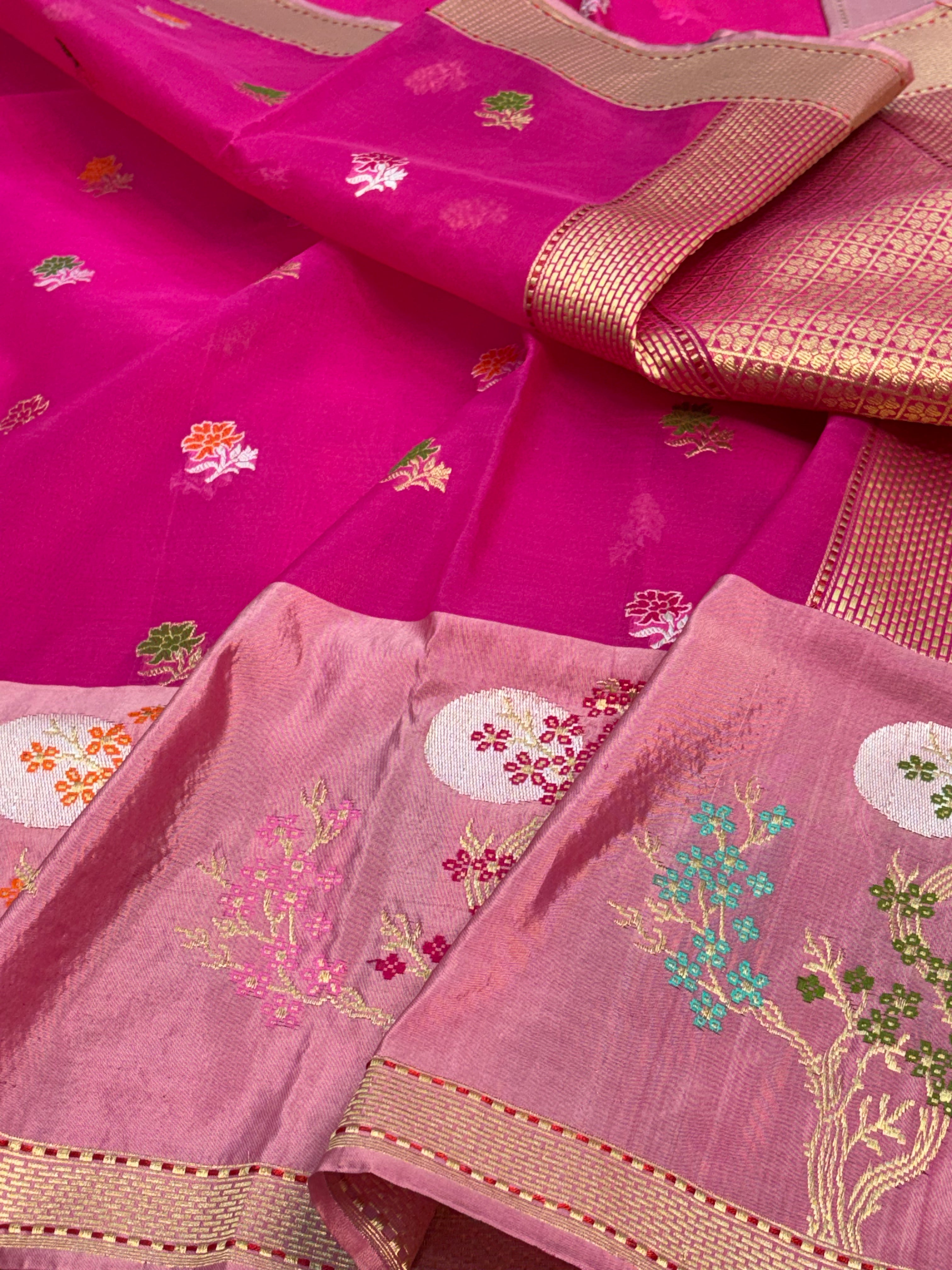Rani Pink Handwoven Banarasi Kora Silk Saree