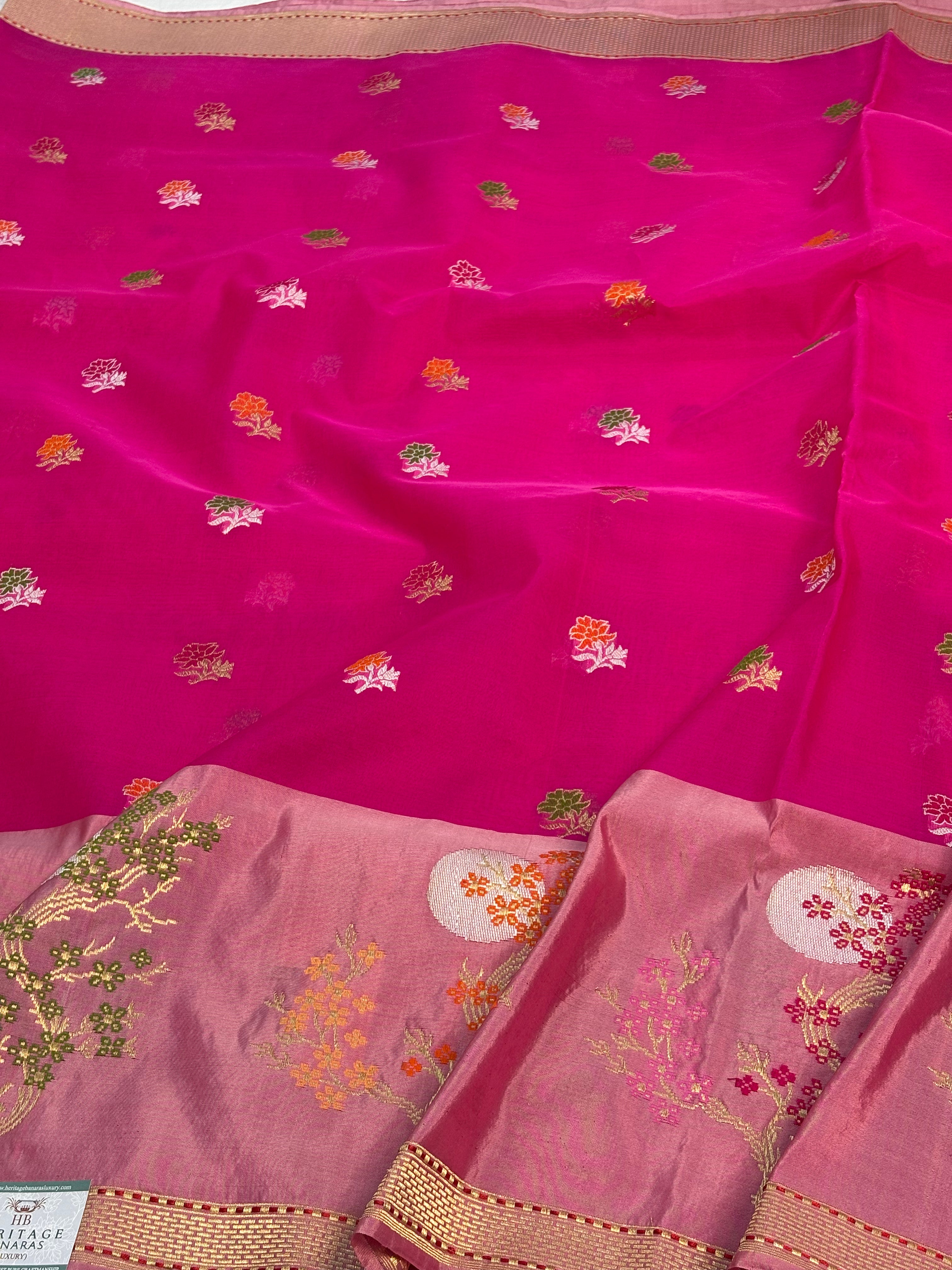 Rani Pink Handwoven Banarasi Kora Silk Saree