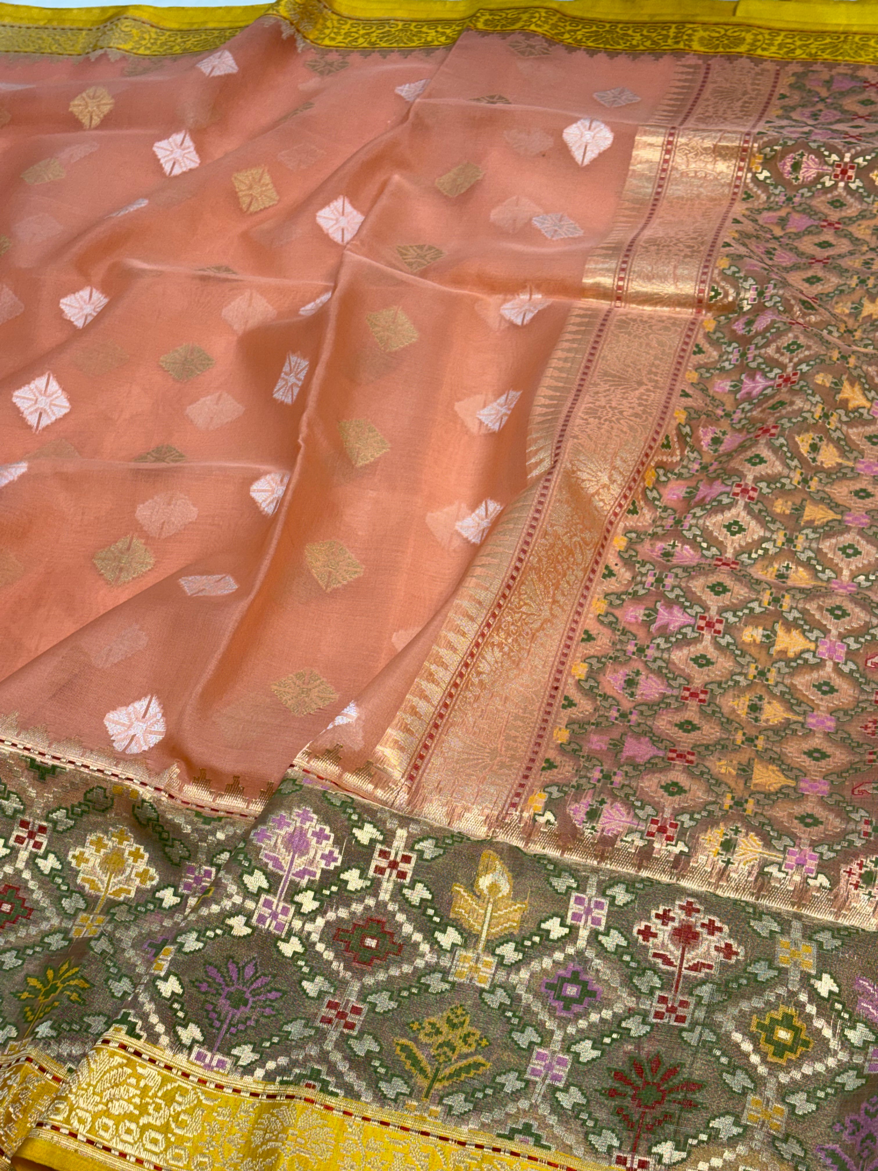Peach Handwoven Banarasi Kora Iktara Silk Saree