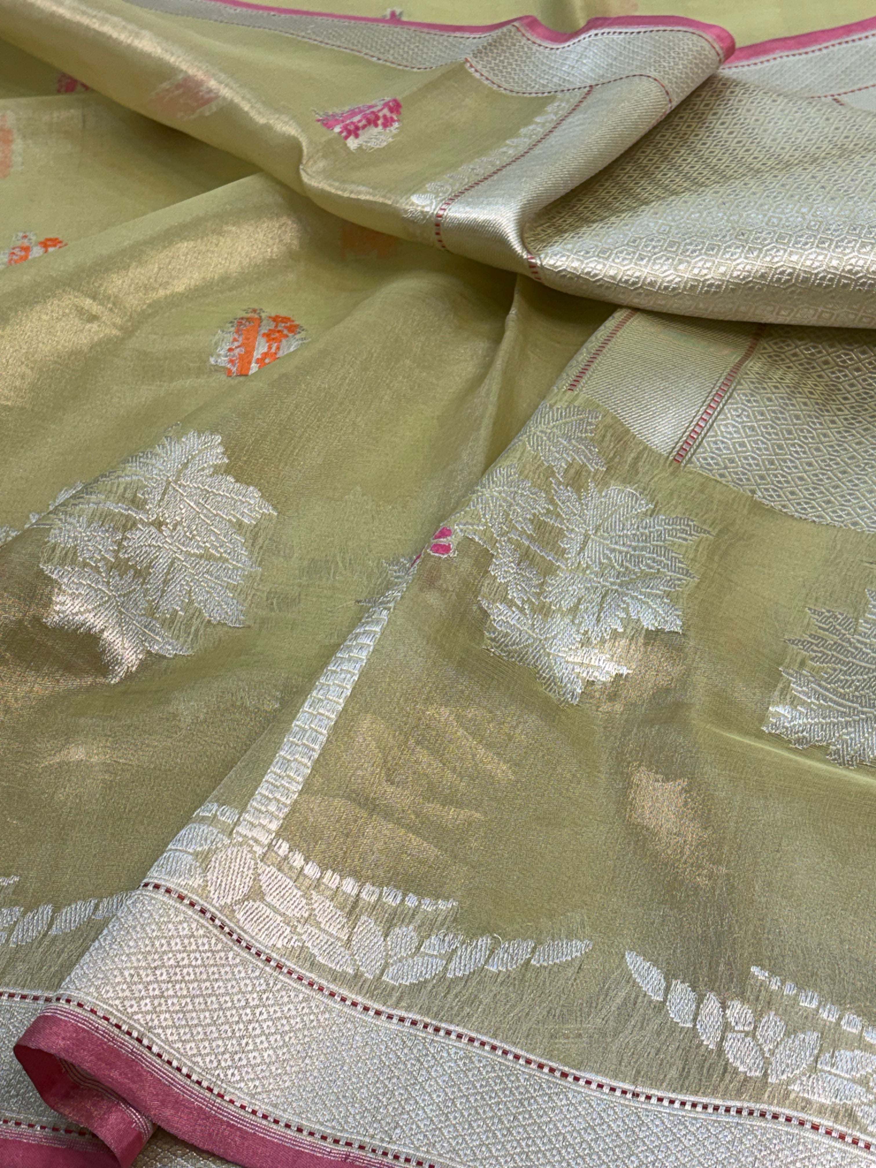 Pista Green Handwoven Banarasi Tissue Saree