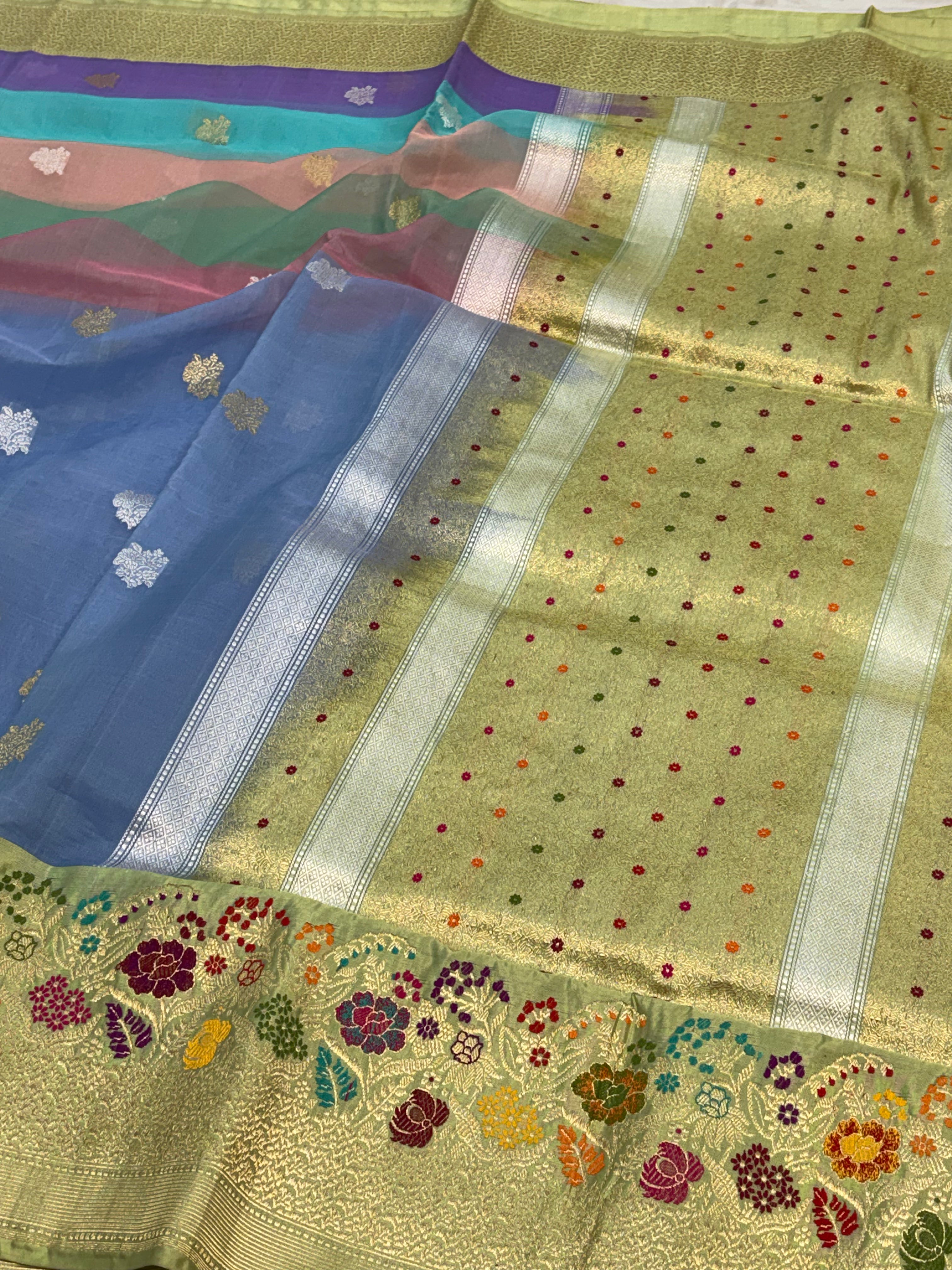 Sky Blue Handwoven Kora Banarasi Saree with Kadhiyal Banarasi border