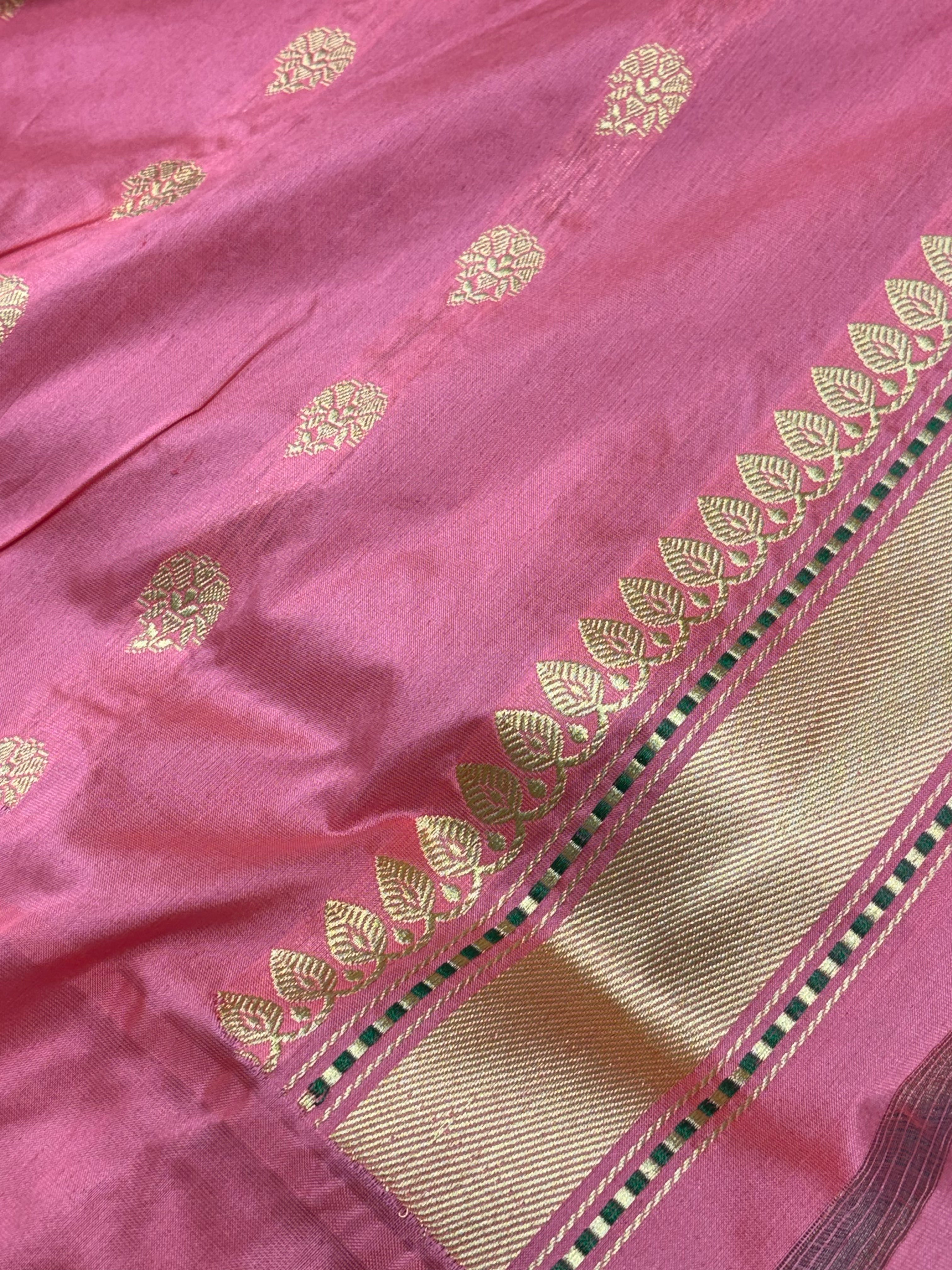 Lavender Handwoven Tissue Banarasi Saree with Kadhiyal pink Banarasi border