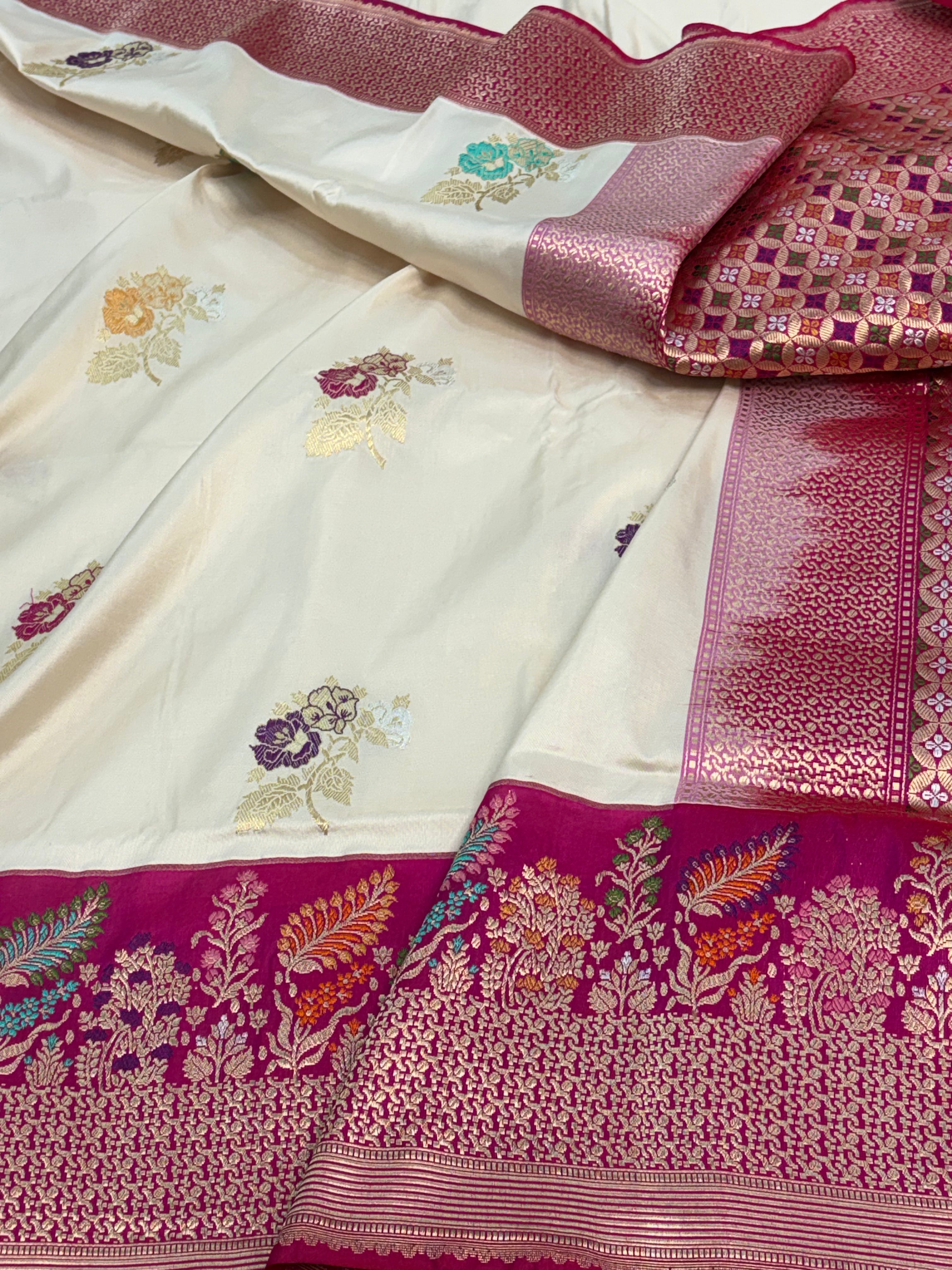 Ivory Handwoven Katan Silk Banarasi Saree