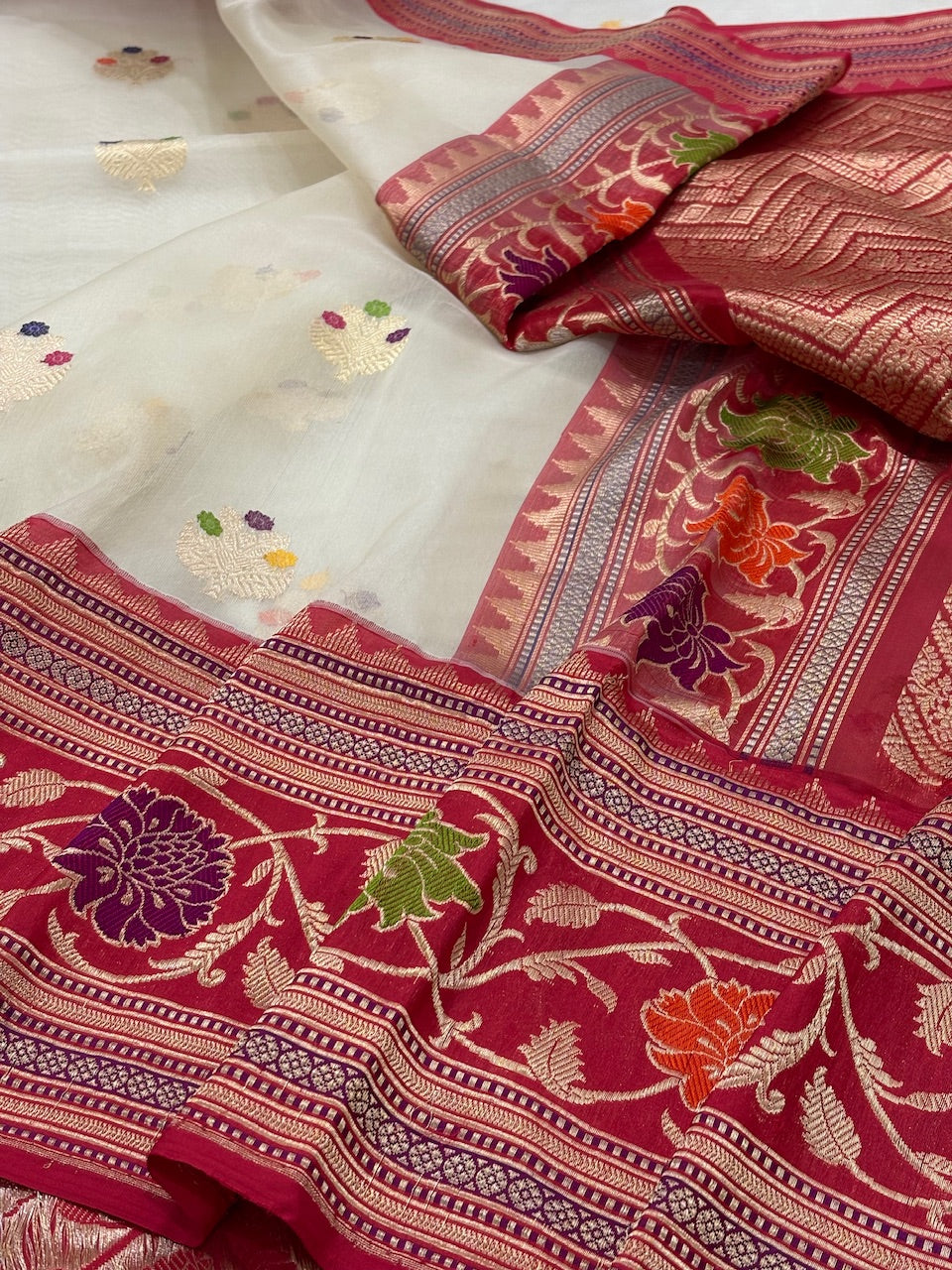 Ivory Banarasi Kora Silk Handwoven Saree