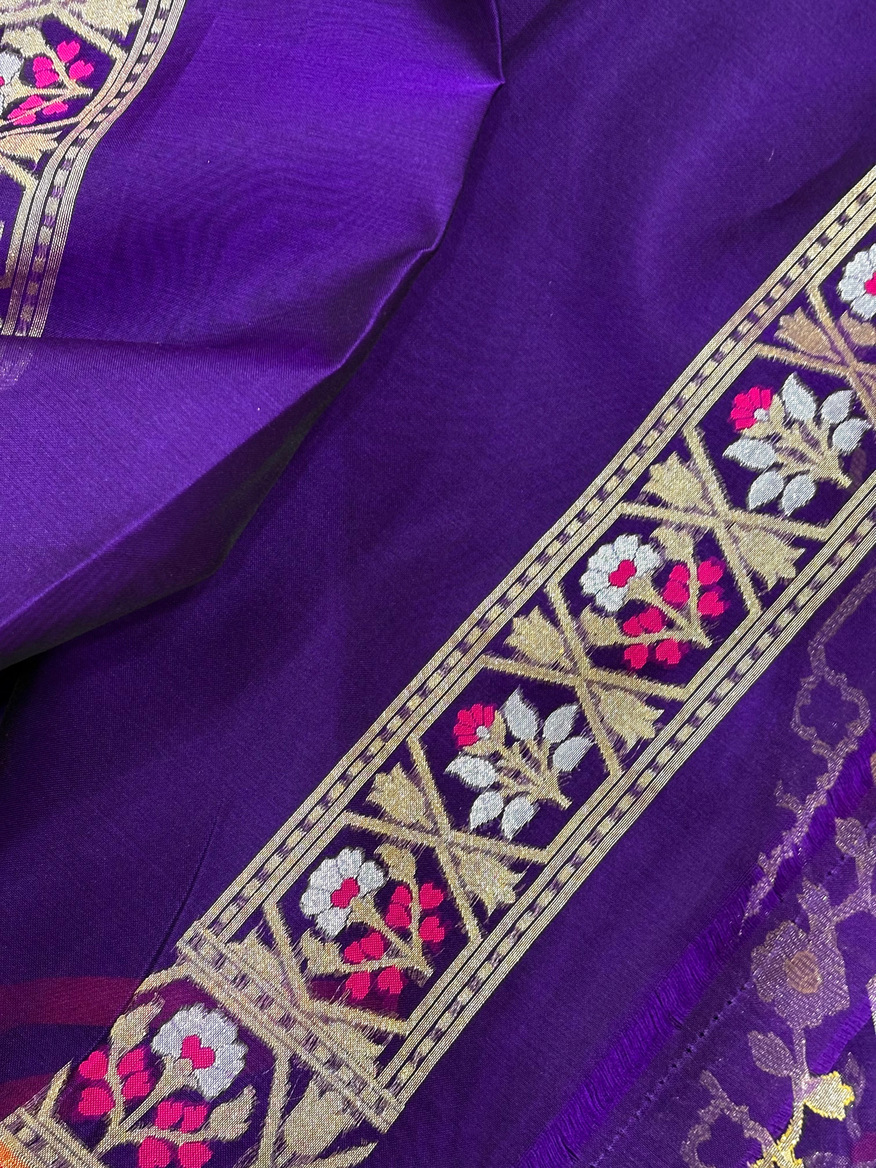 Purple Banarasi Kora Jamdani Silk Handwoven Saree