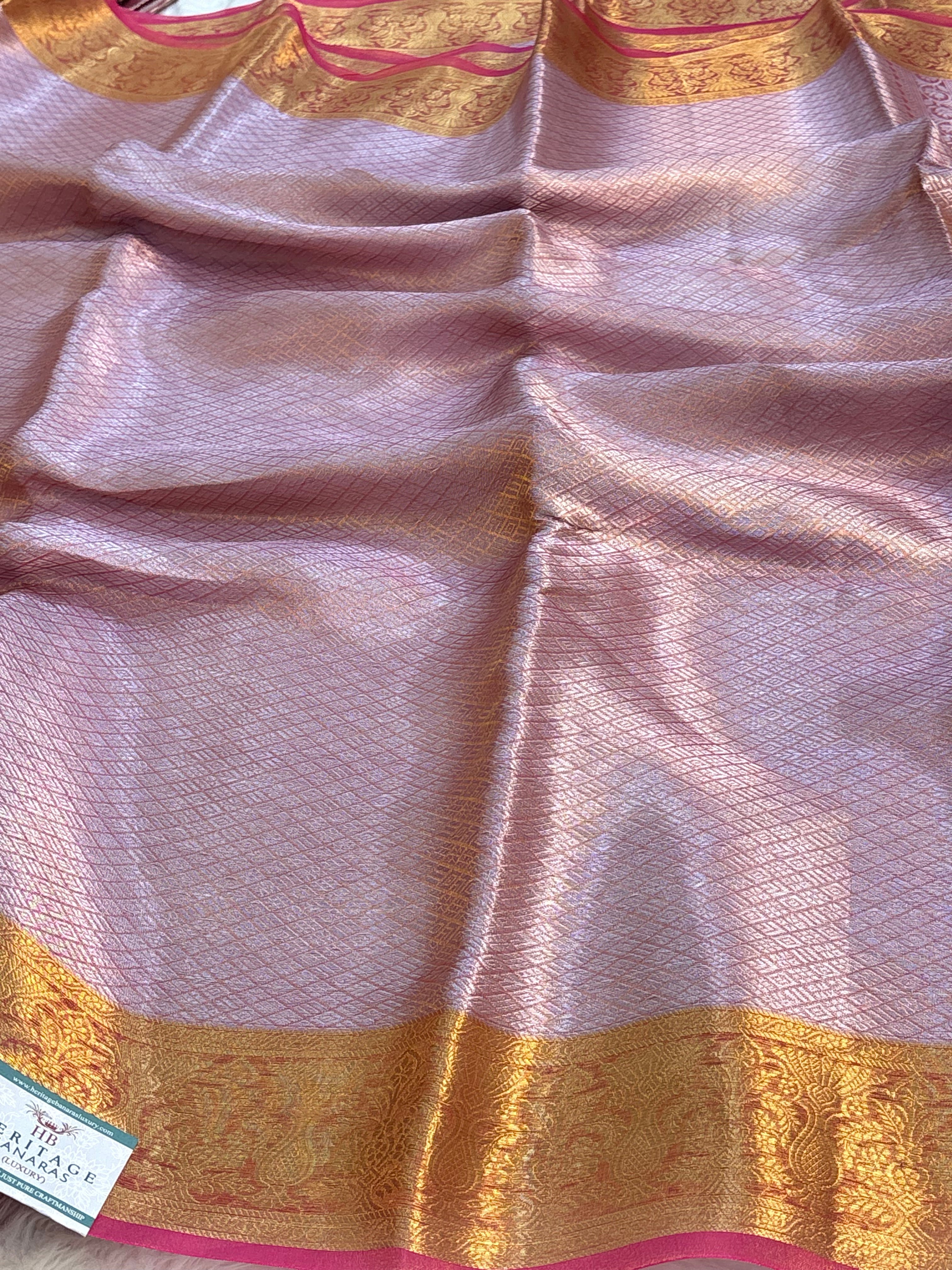Pinkish Orange Handloom Tissue Banarasi Brocade Saree