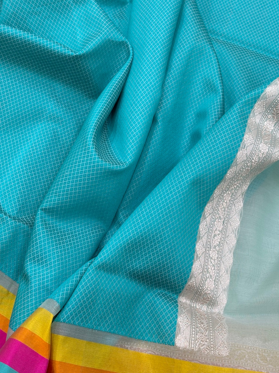 Aqua Blue Banarasi Kora Silk Handwoven Saree
