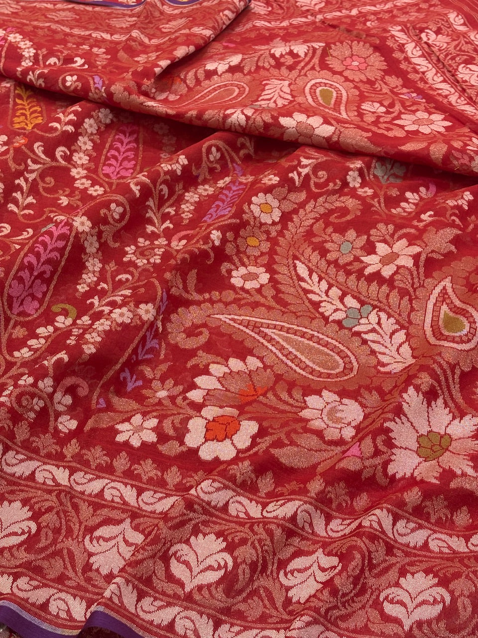 Red Banarasi cotton Jamdani handloom Saree