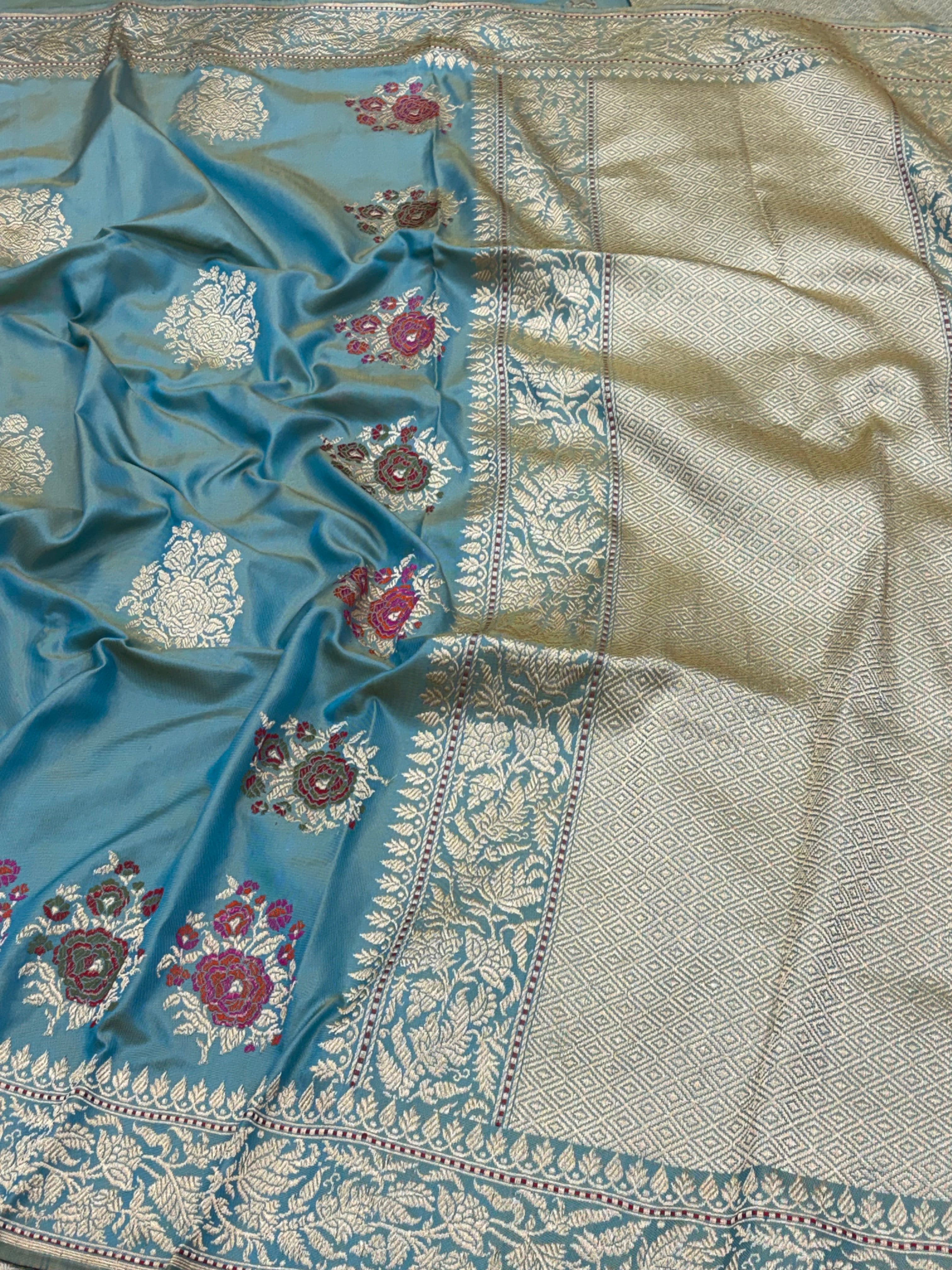 Turquoise Blue Pure Banarasi Ektara Silk Handwoven Saree