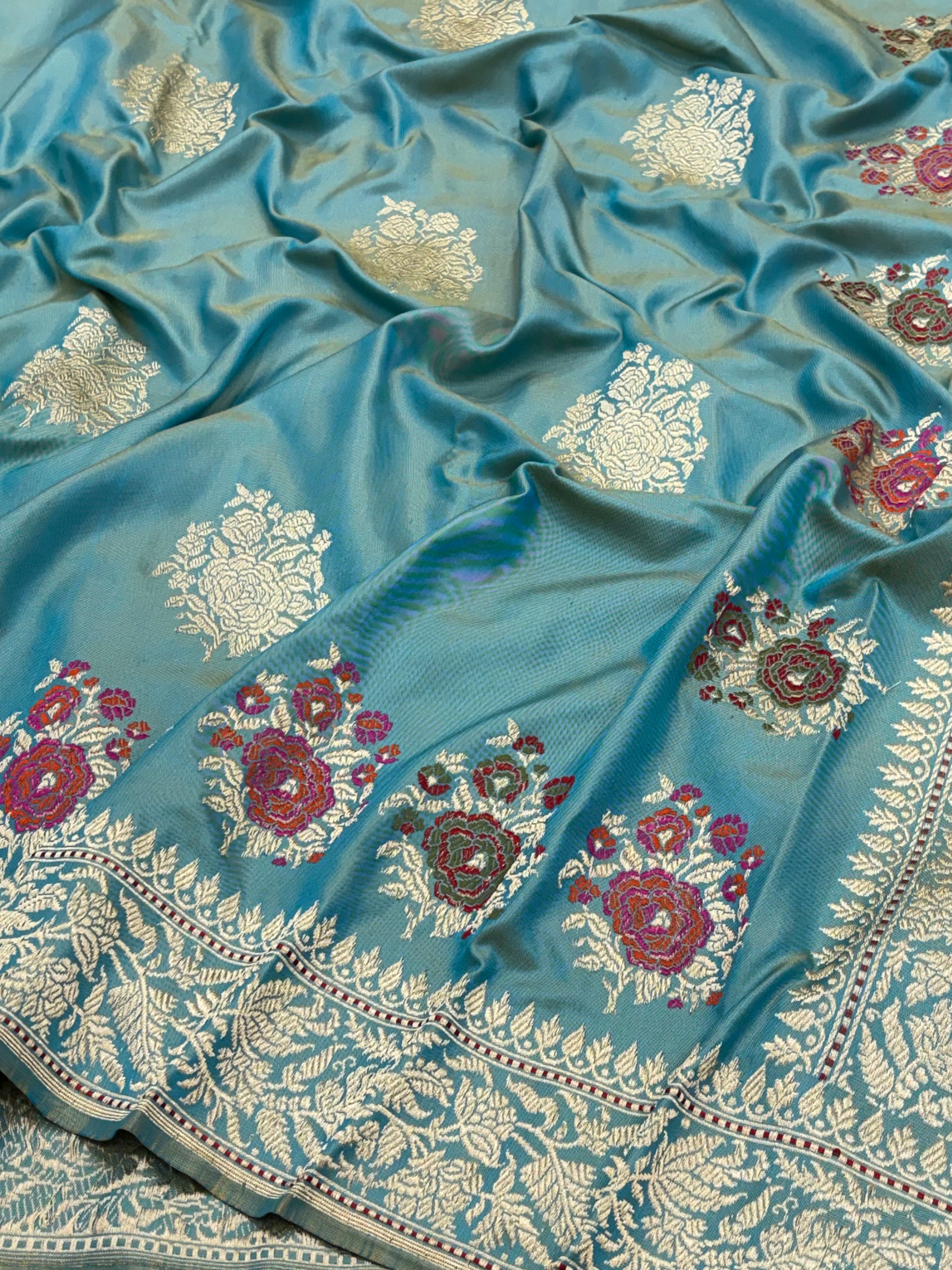 Turquoise Blue Pure Banarasi Ektara Silk Handwoven Saree