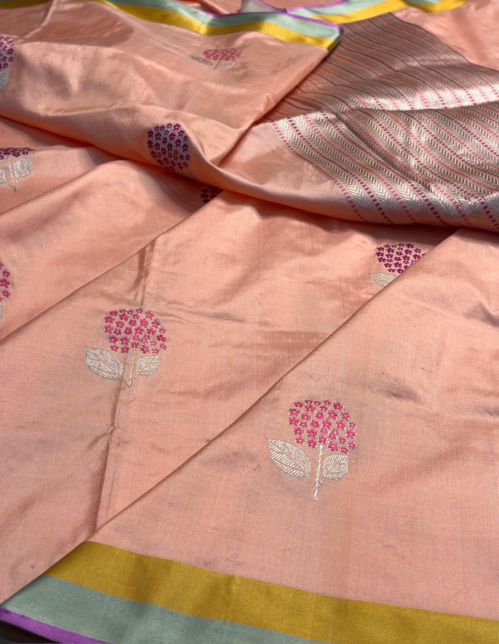 Peach Pure Banarasi Katan Silk Handloom Saree With Satin Border