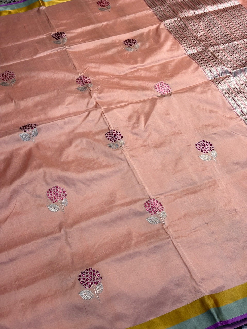 Peach Pure Banarasi Katan Silk Handloom Saree With Satin Border
