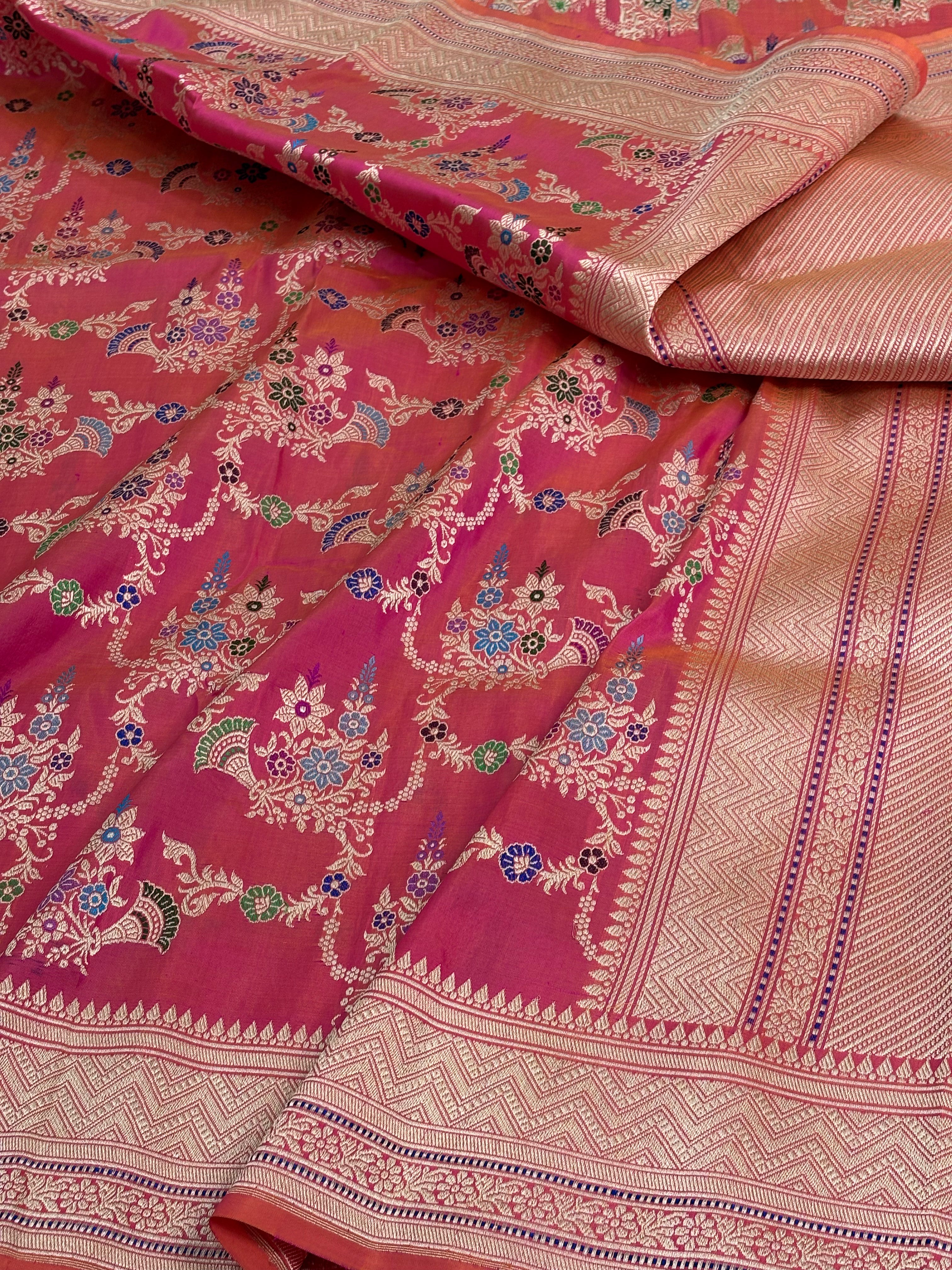 Pink Handwoven Banarasi Pure Katan Silk with Meenakari Kadwa Jaal Weaving